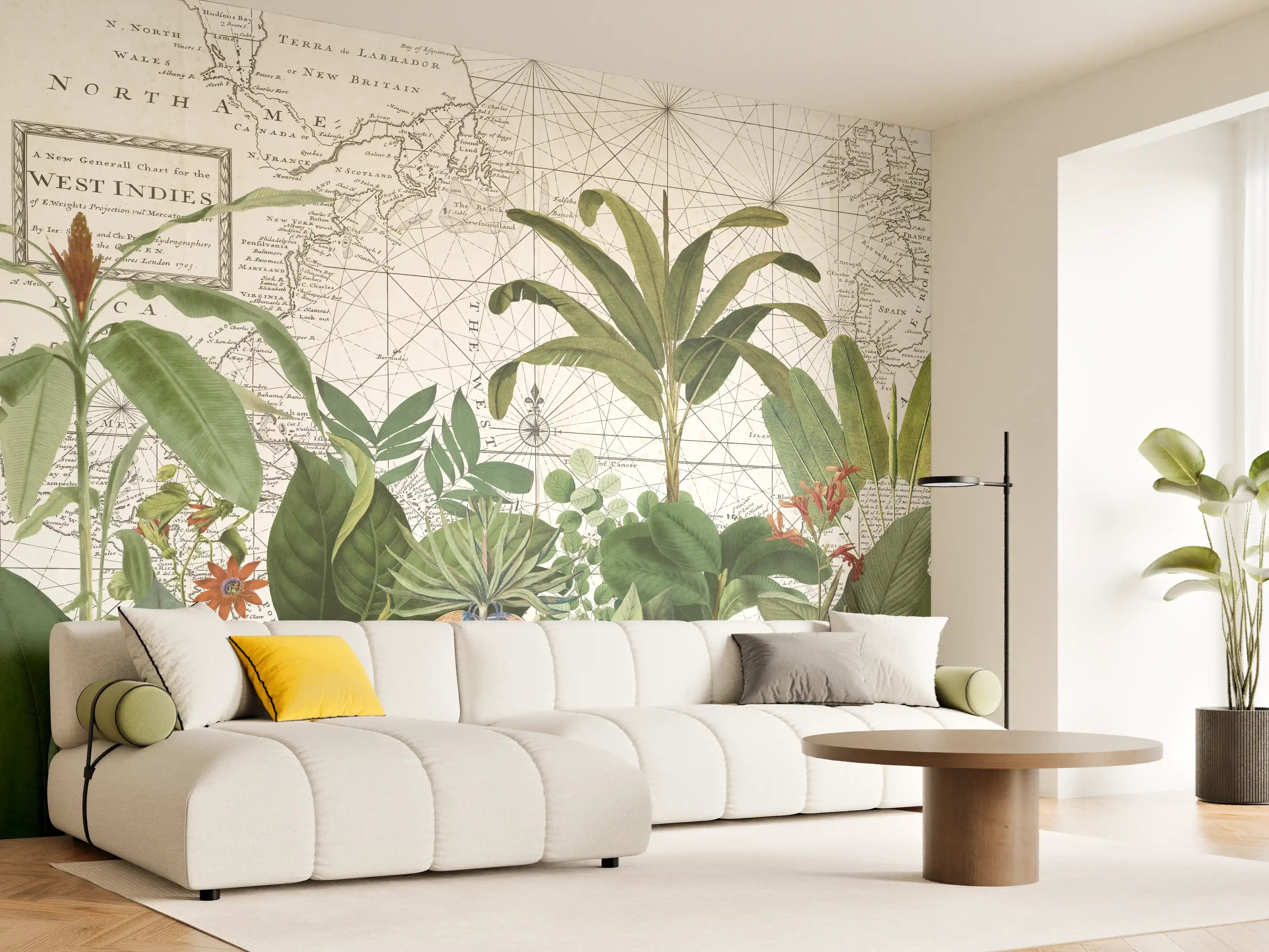 Wandverkleidung Wohnzimmer - Pflanzen und botanische Illustration