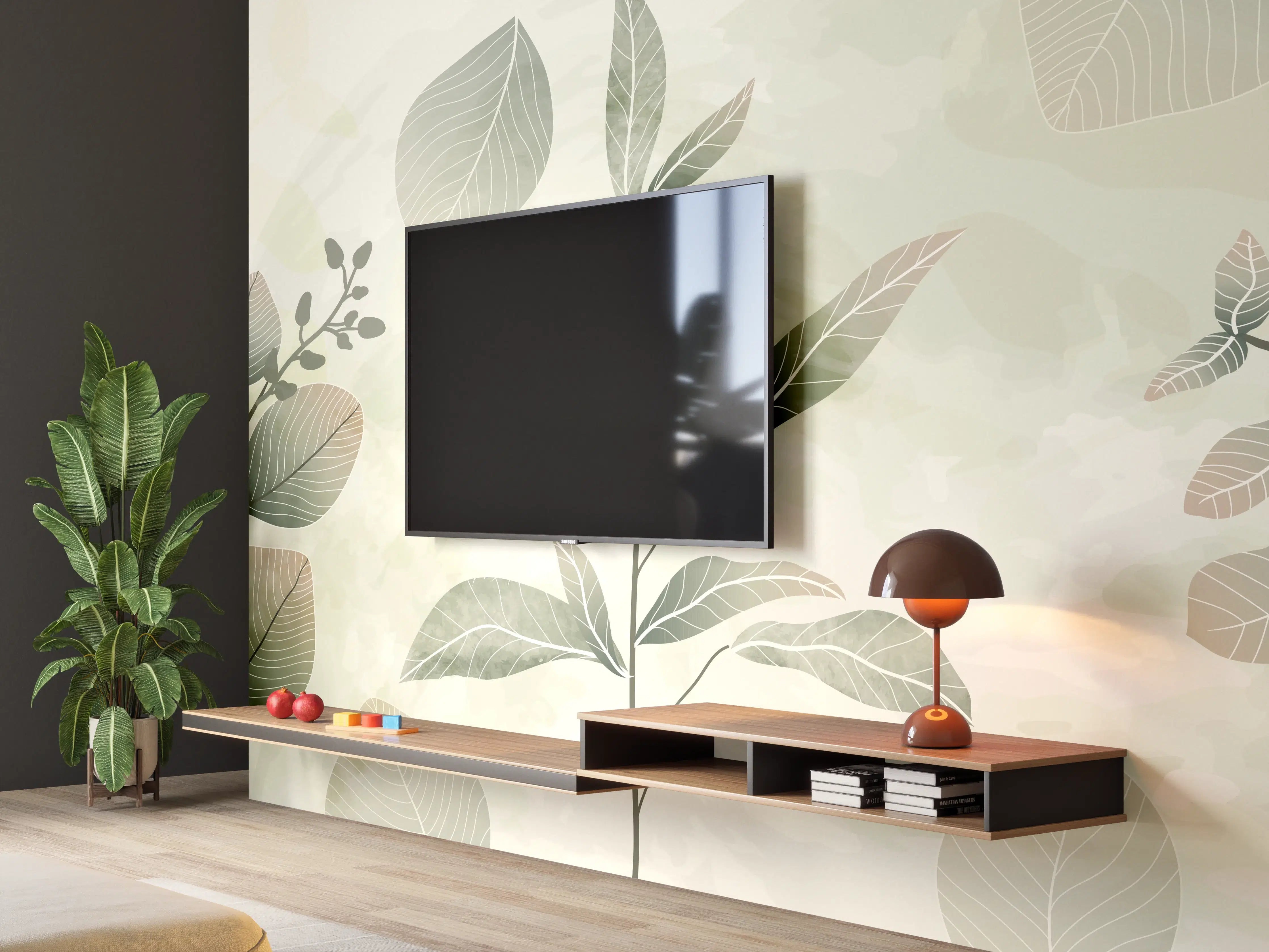 Wandverkleidung Wohnzimmer - Pflanzenmuster in Grüntönen