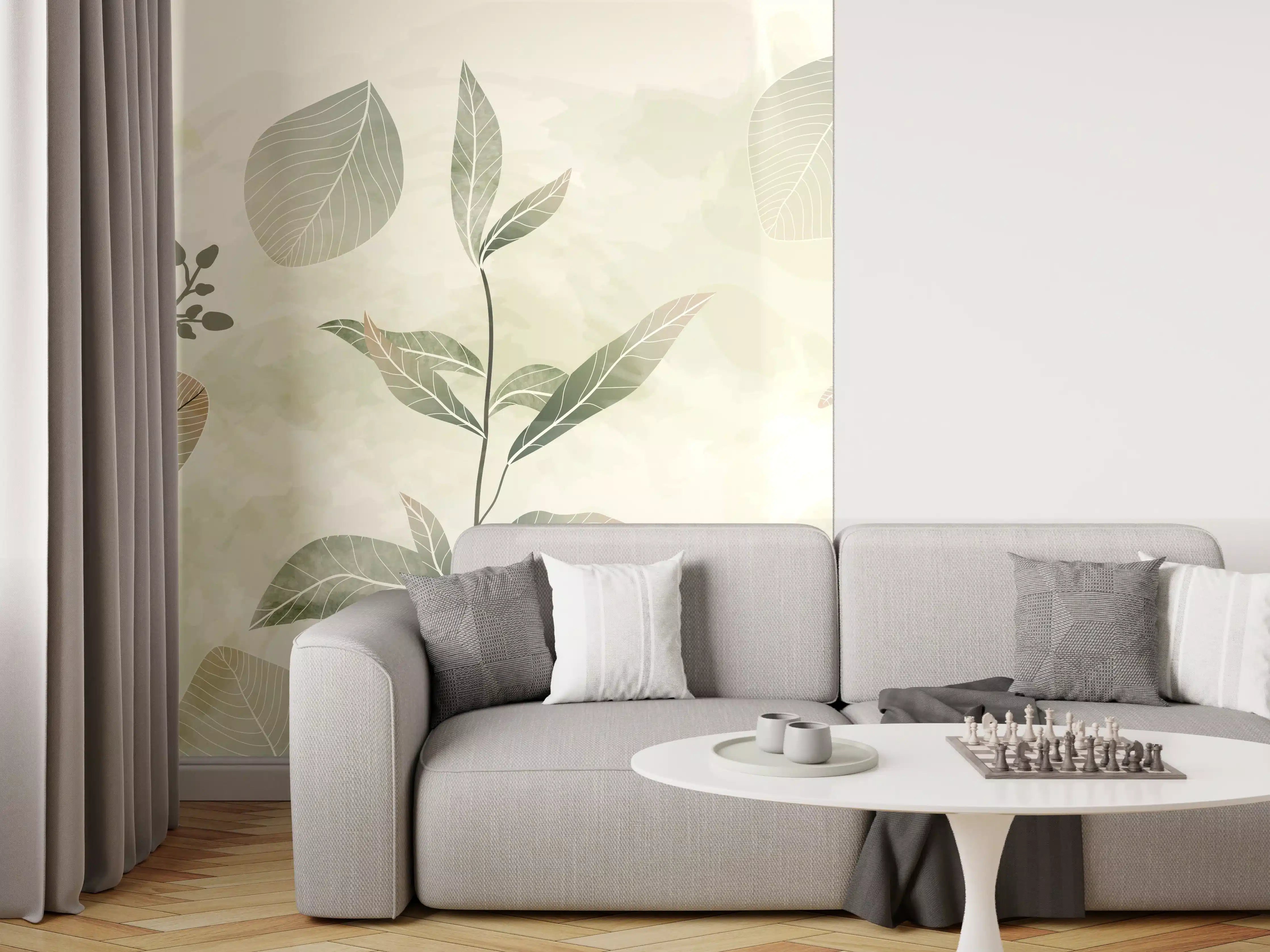Wandverkleidung Wohnzimmer - Pflanzenmuster in Grüntönen