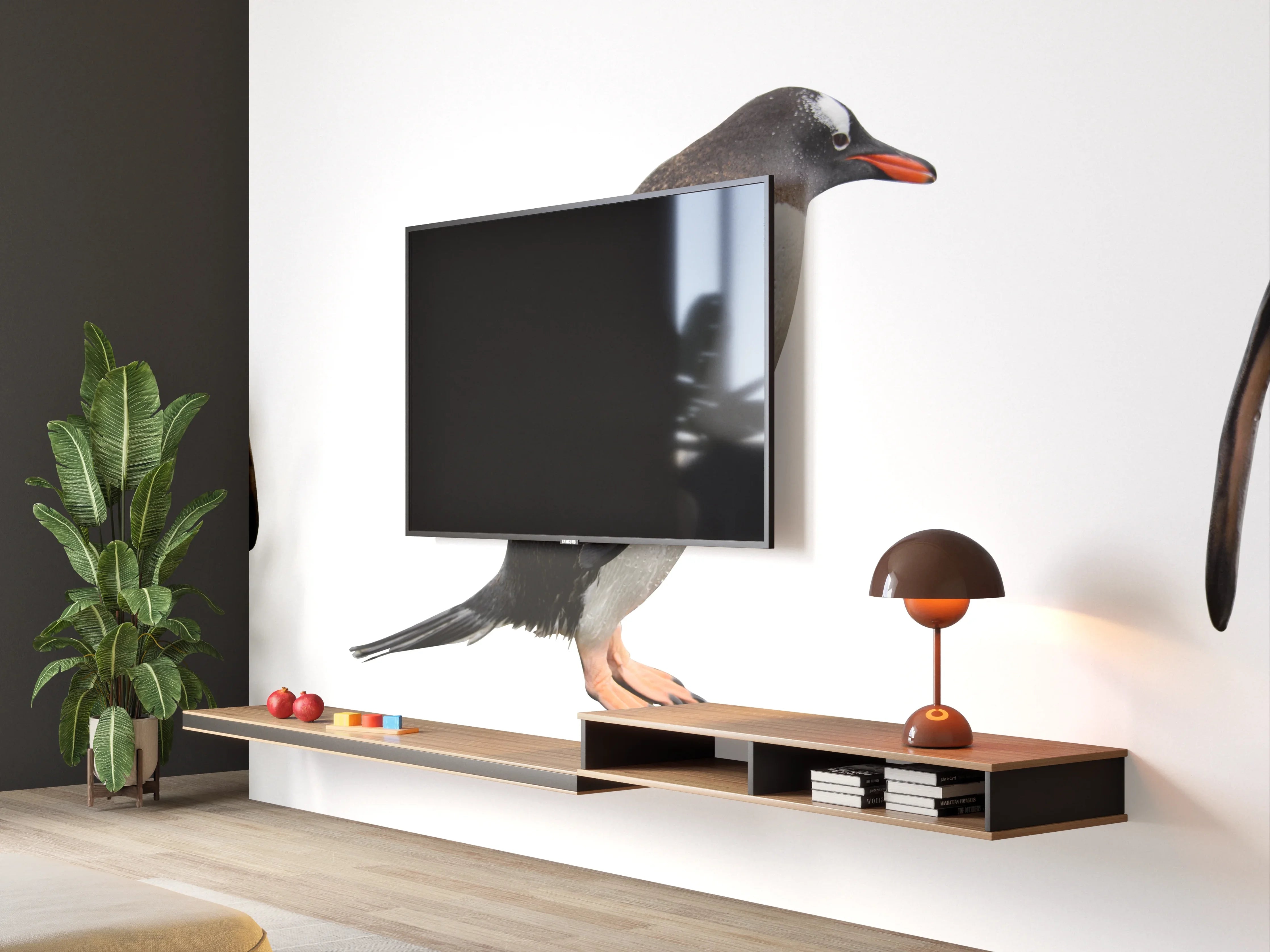 Wandverkleidung Wohnzimmer - Pinguine auf weißem Hintergrund