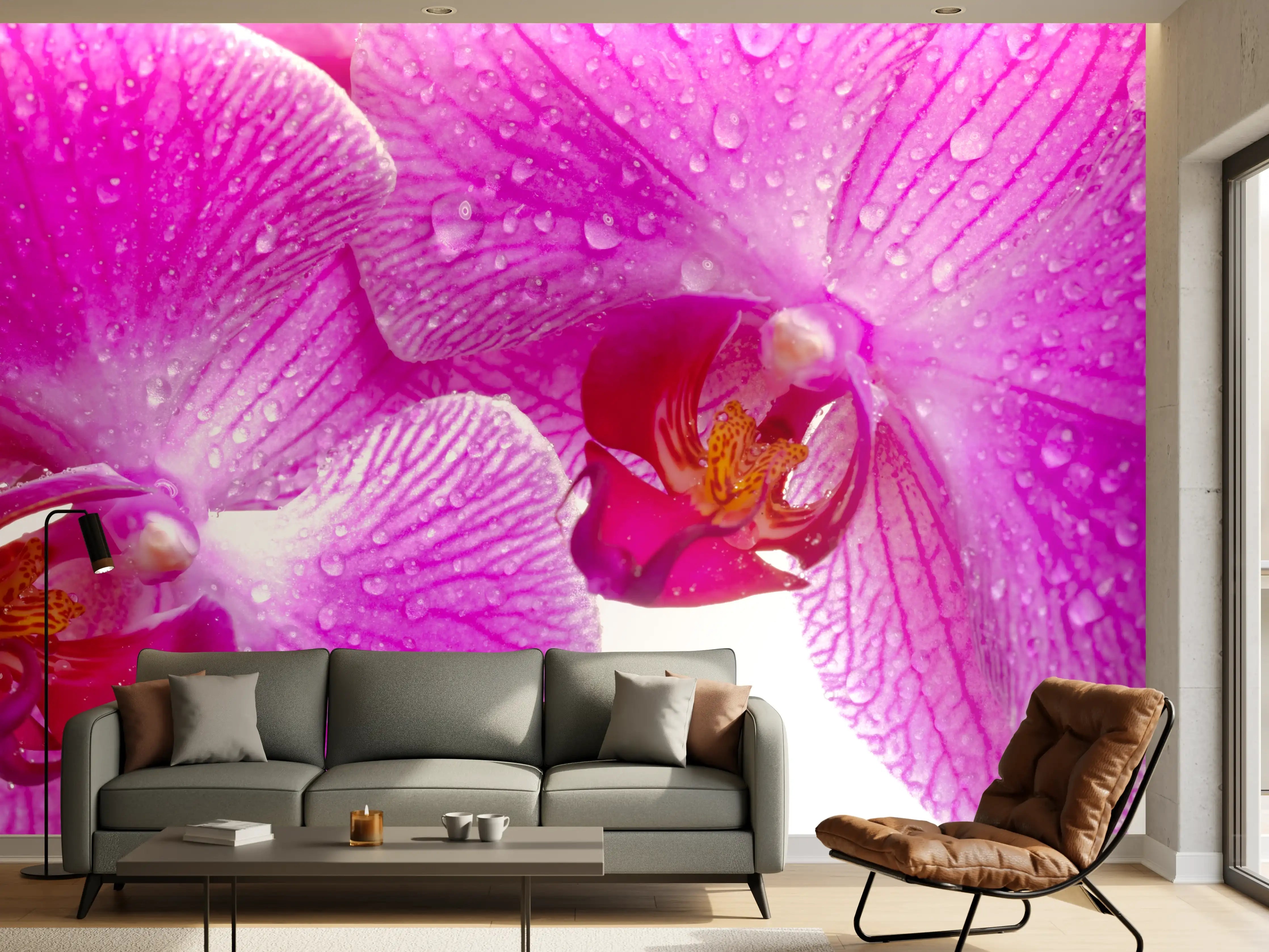 Wandverkleidung Wohnzimmer - Pinke Orchideen
