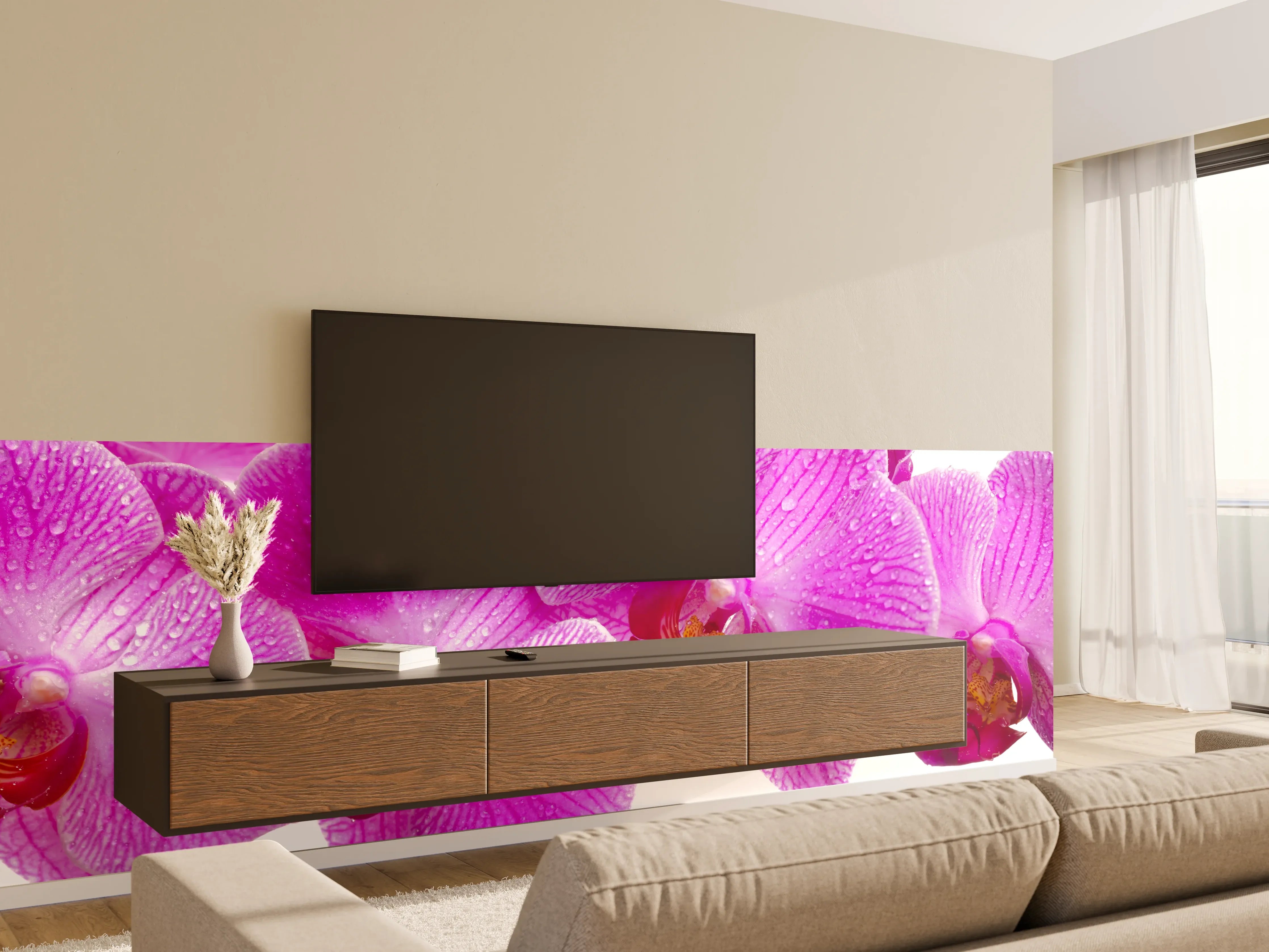 Wandverkleidung Wohnzimmer - Pinke Orchideen