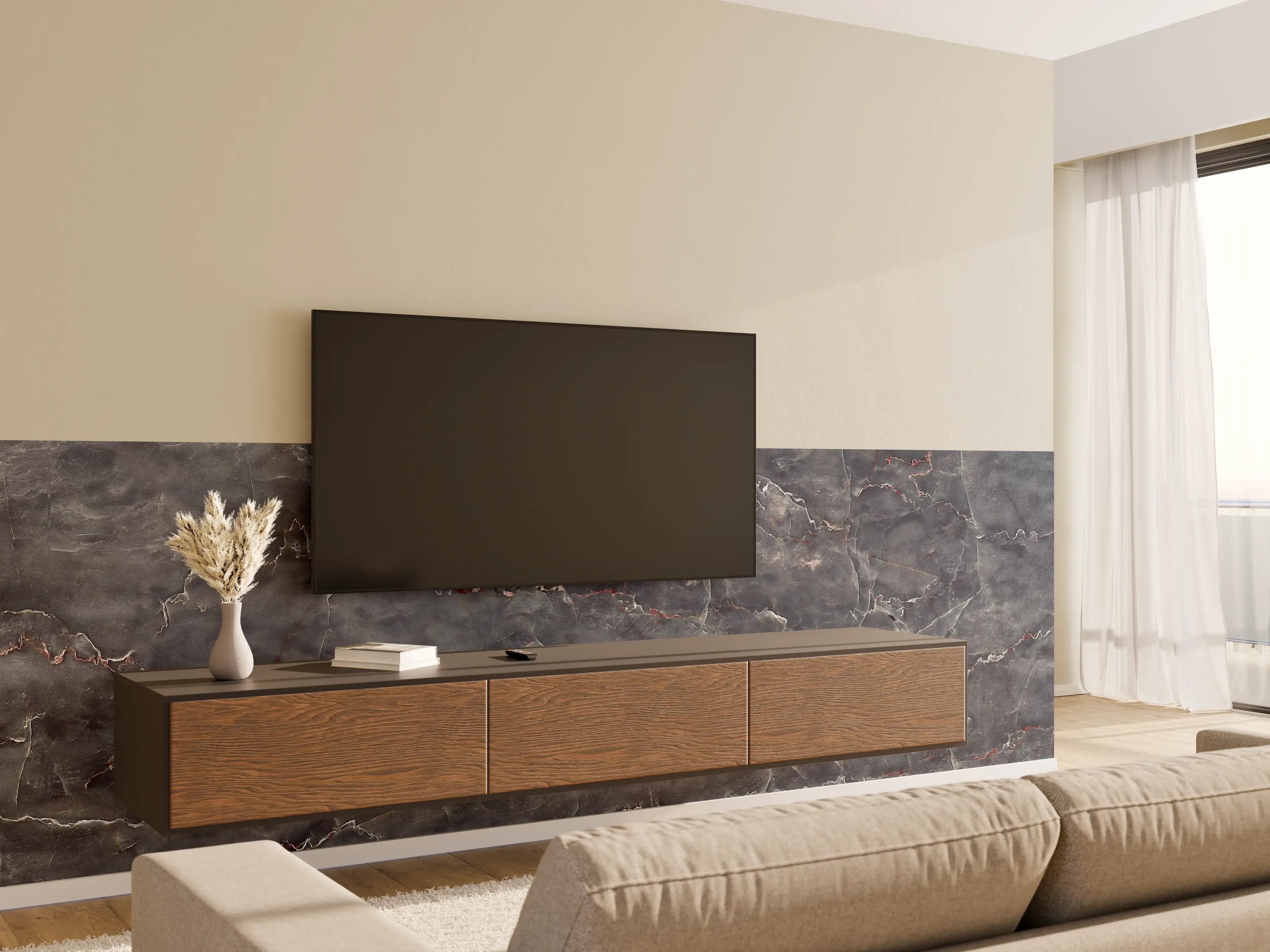 Wandverkleidung Wohnzimmer - Polierter Onyxmarmor mit Adern