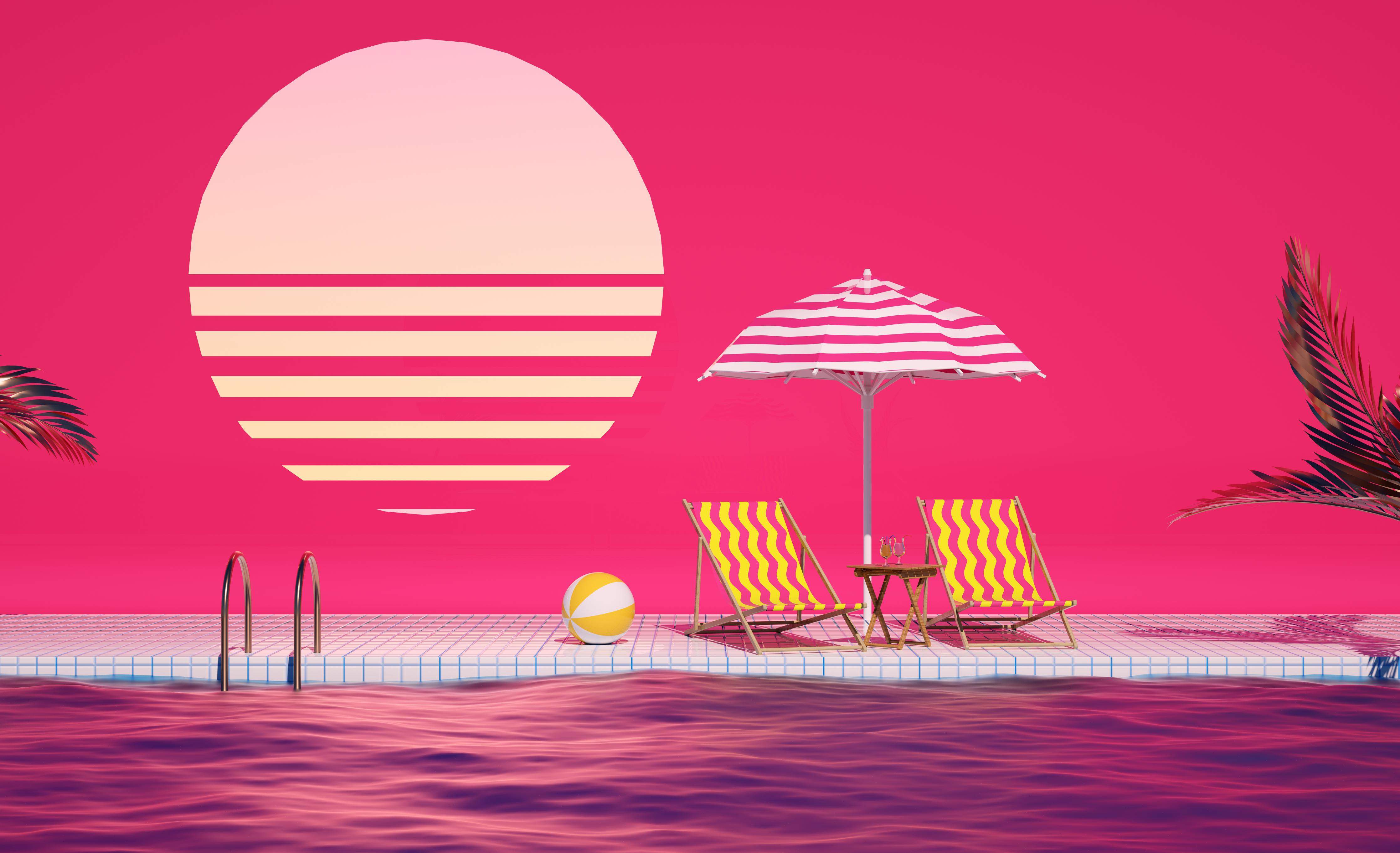 Wandverkleidung Wohnzimmer-Poolparty mit Tropendeko Rosa