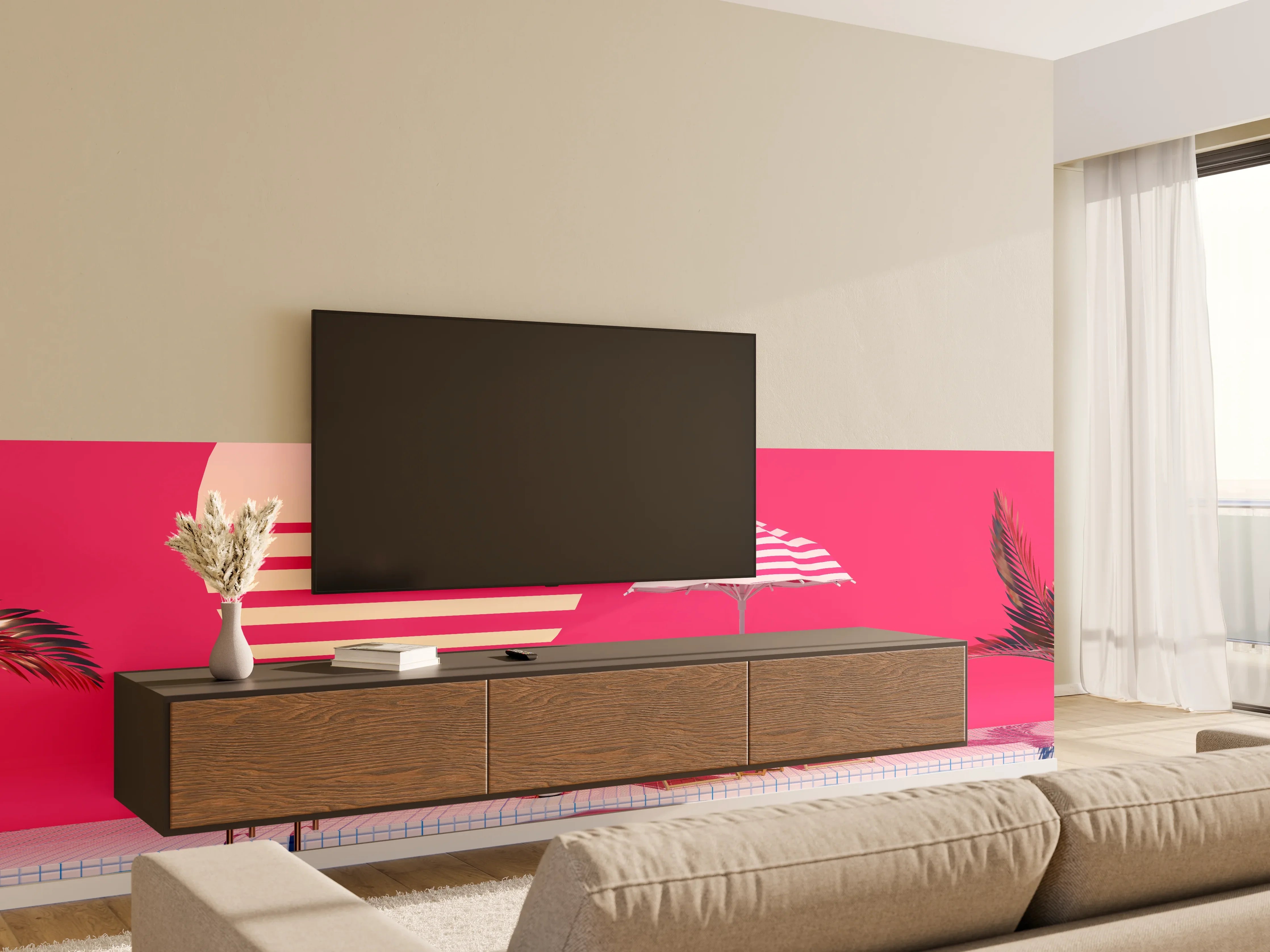 Wandverkleidung Wohnzimmer - Poolparty mit Tropendeko Rosa