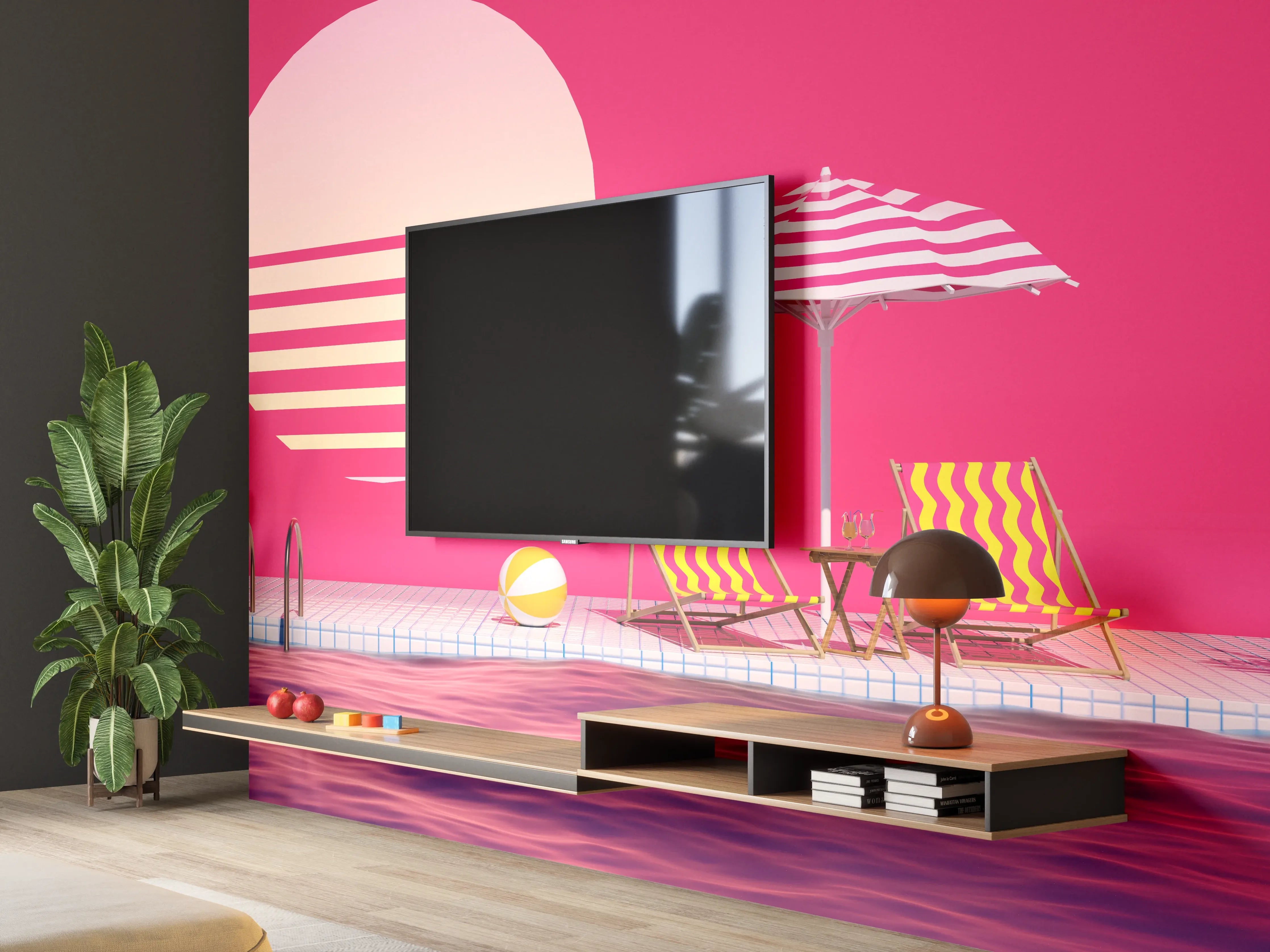 Wandverkleidung Wohnzimmer - Poolparty mit Tropendeko Rosa