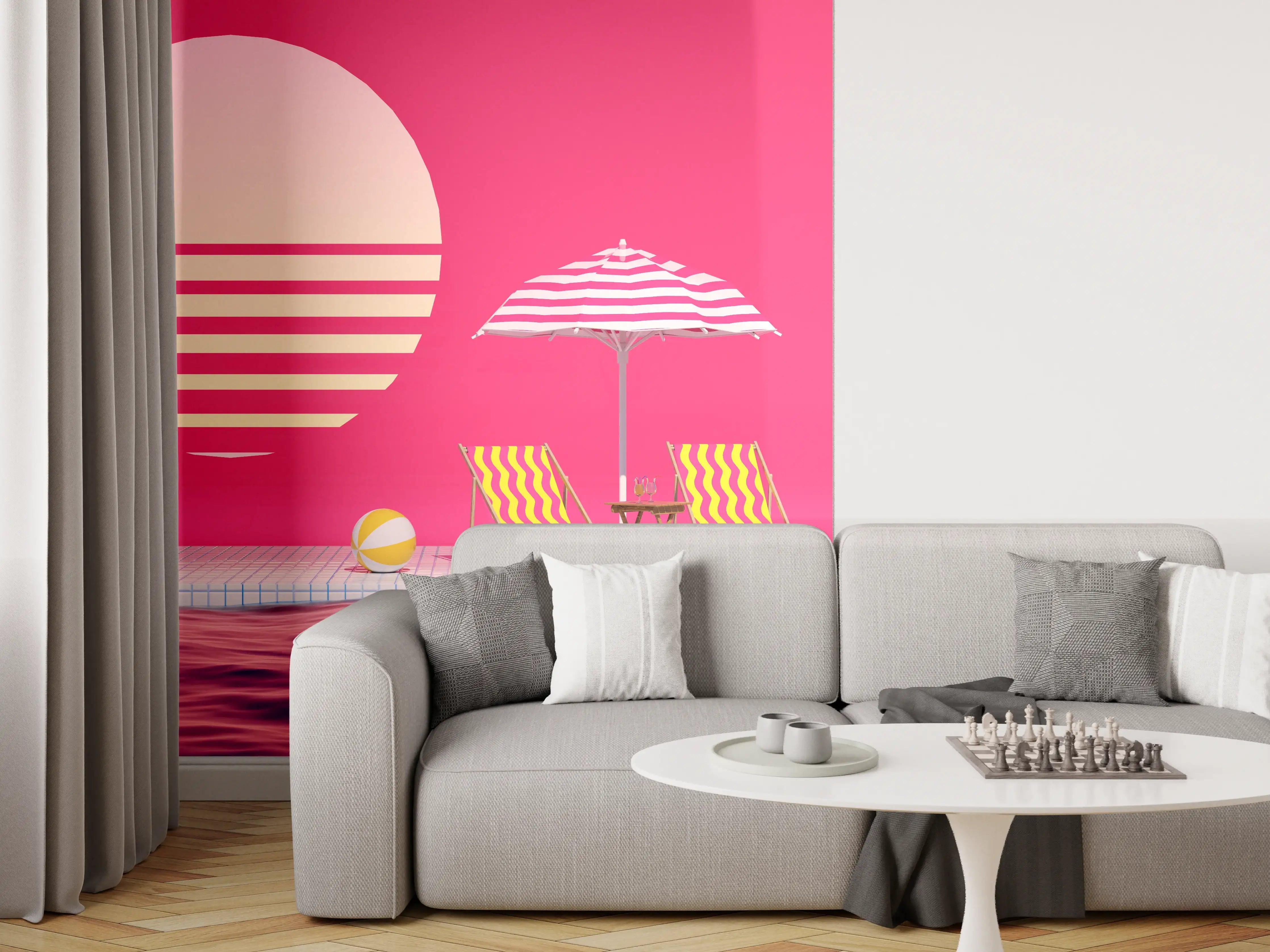 Wandverkleidung Wohnzimmer - Poolparty mit Tropendeko Rosa