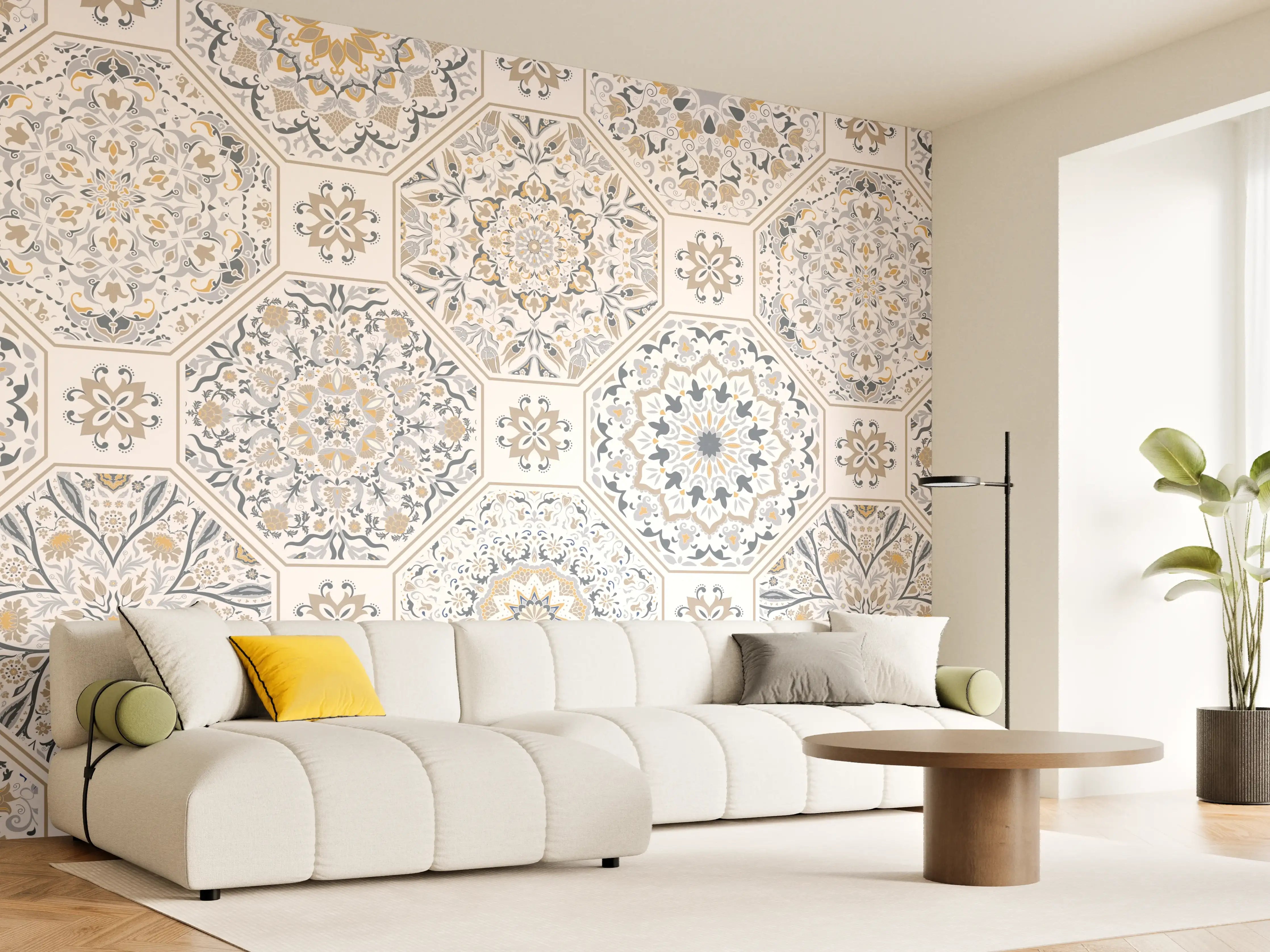 Wandverkleidung Wohnzimmer - Premium Weiß-Grau Ornament-Muster