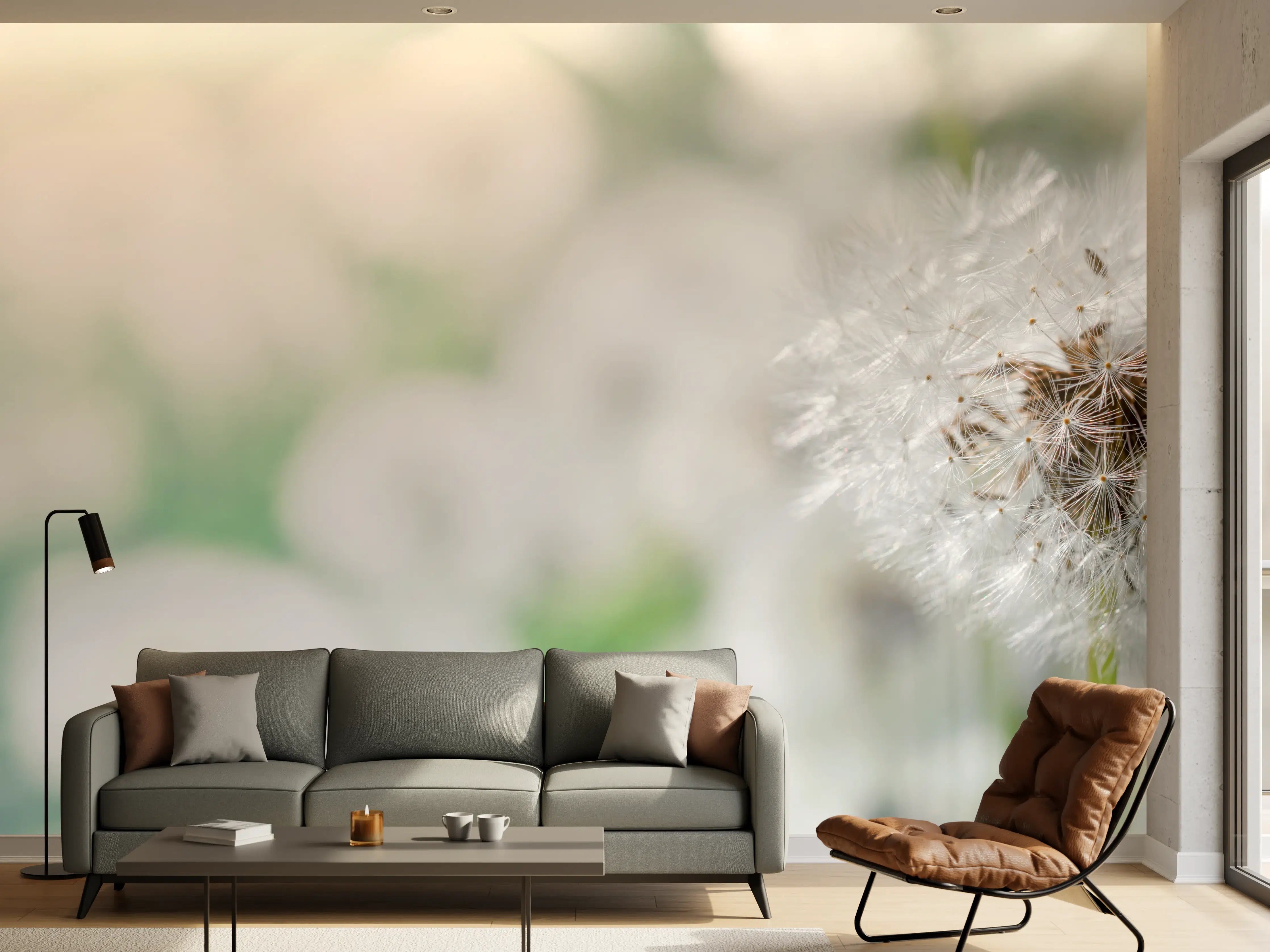 Wandverkleidung Wohnzimmer - Pusteblume in Türkis-Weiß