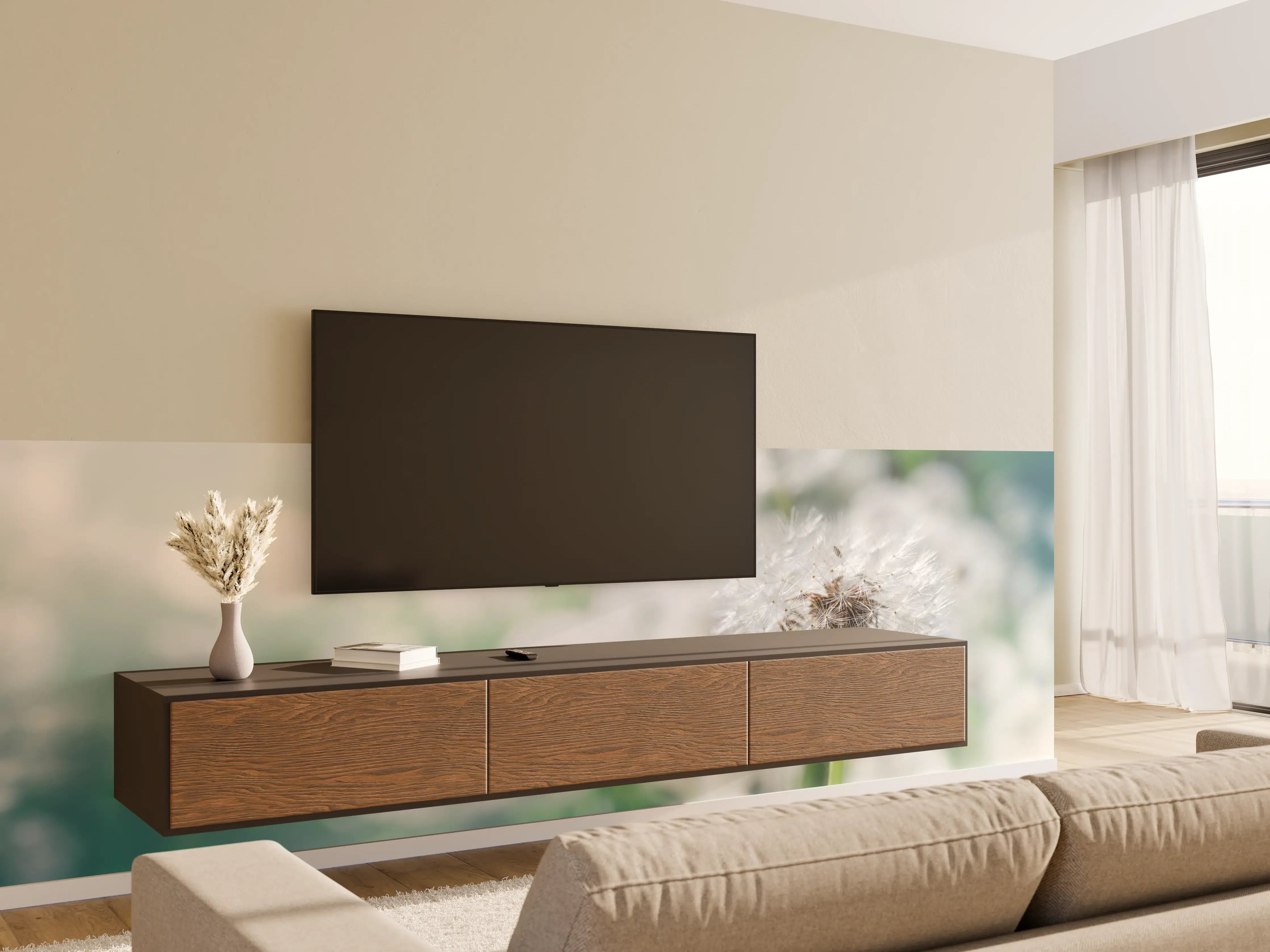 Wandverkleidung Wohnzimmer - Pusteblume in Türkis-Weiß