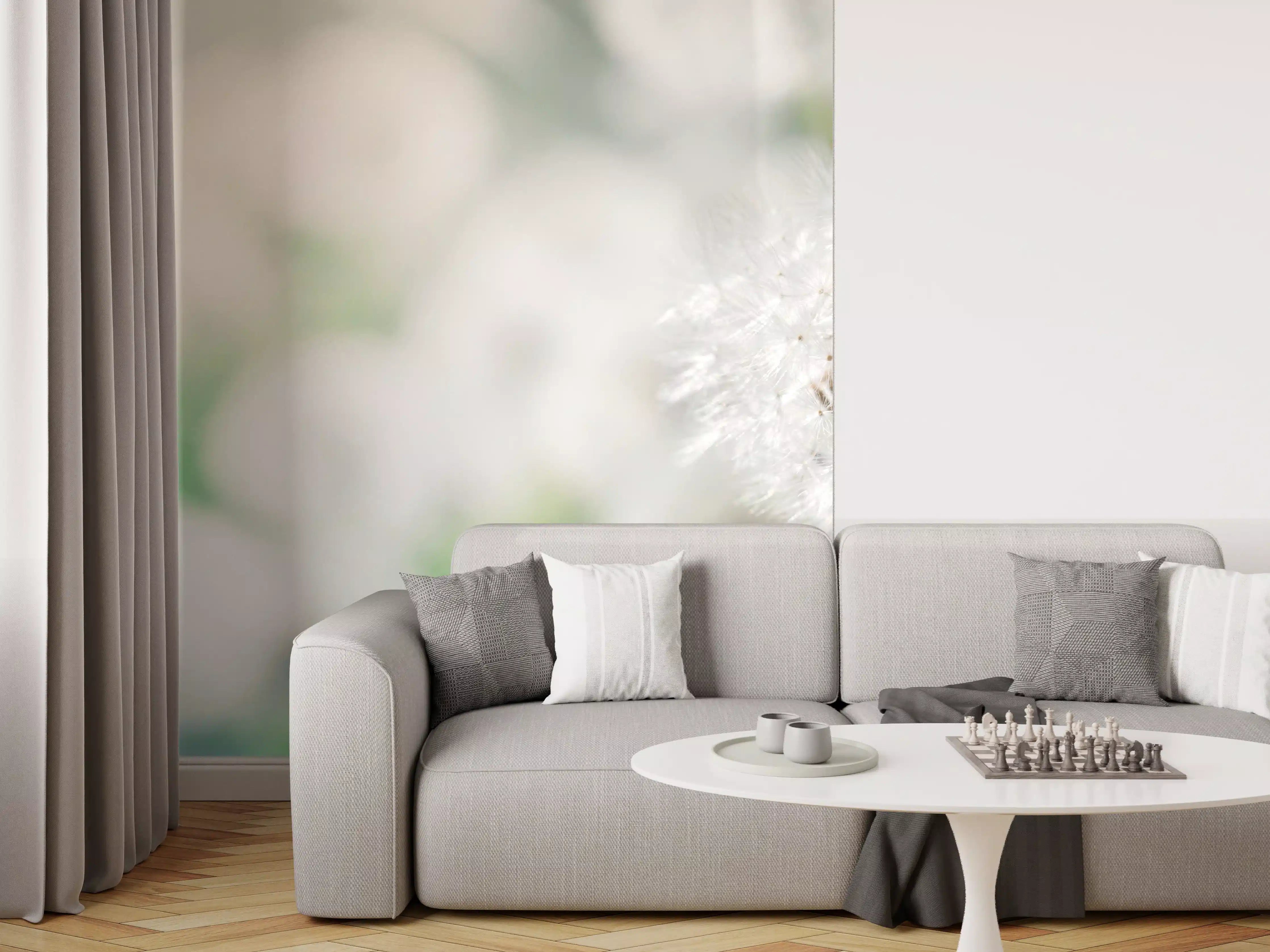 Wandverkleidung Wohnzimmer - Pusteblume in Türkis-Weiß