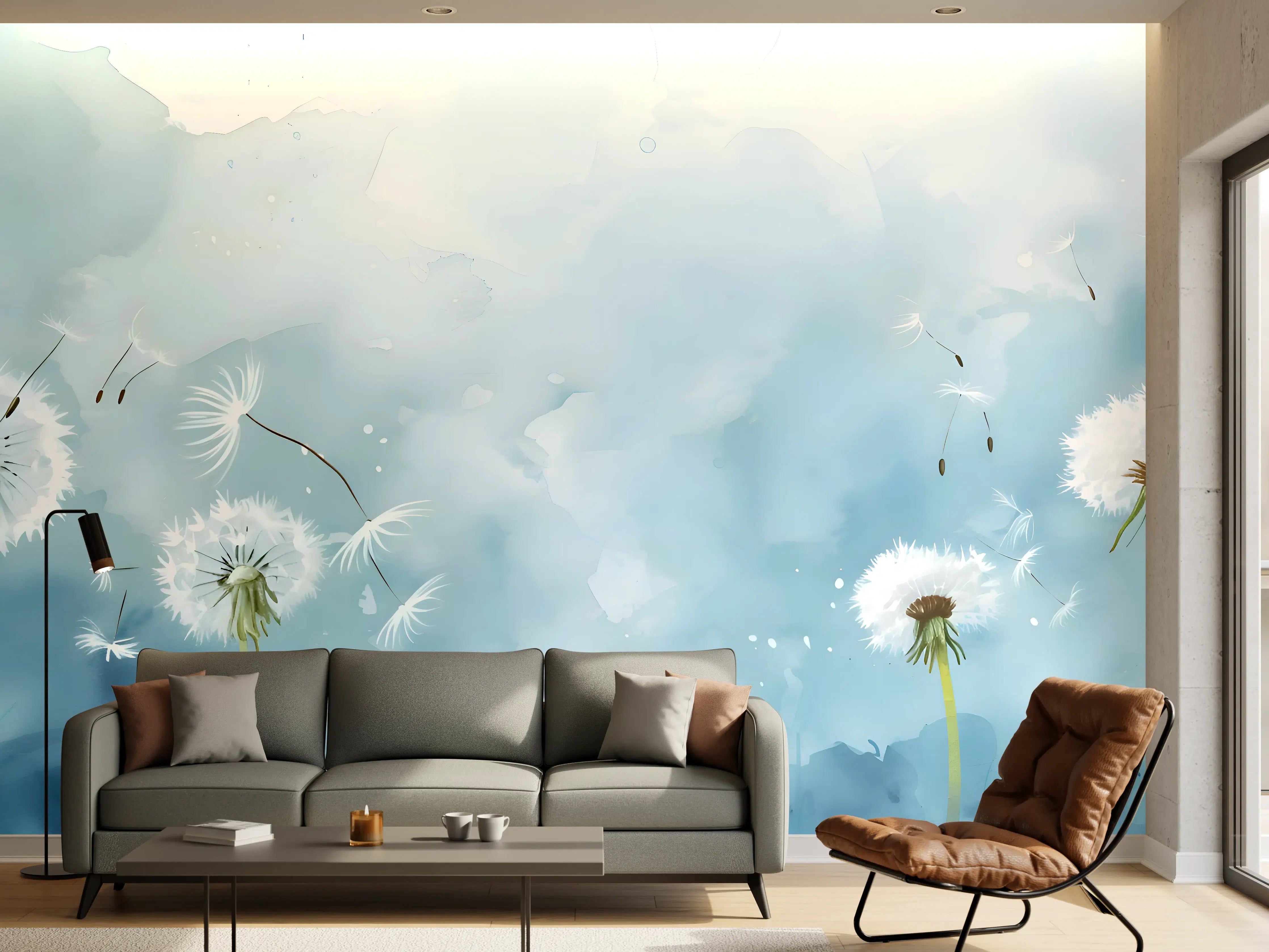 Wandverkleidung Wohnzimmer - Pusteblumen Aquarell Blau-Weiß