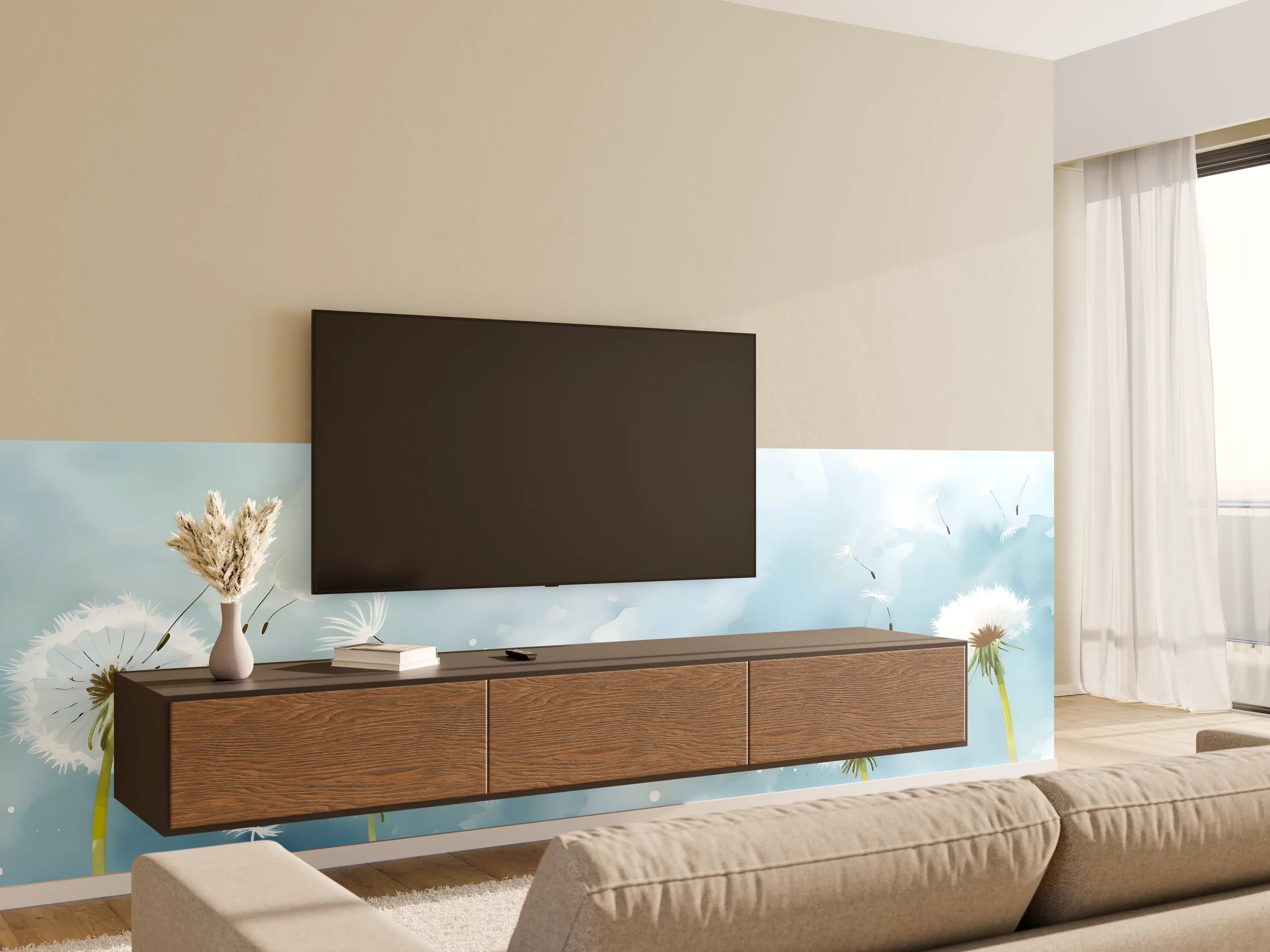 Wandverkleidung Wohnzimmer - Pusteblumen Aquarell Blau-Weiß