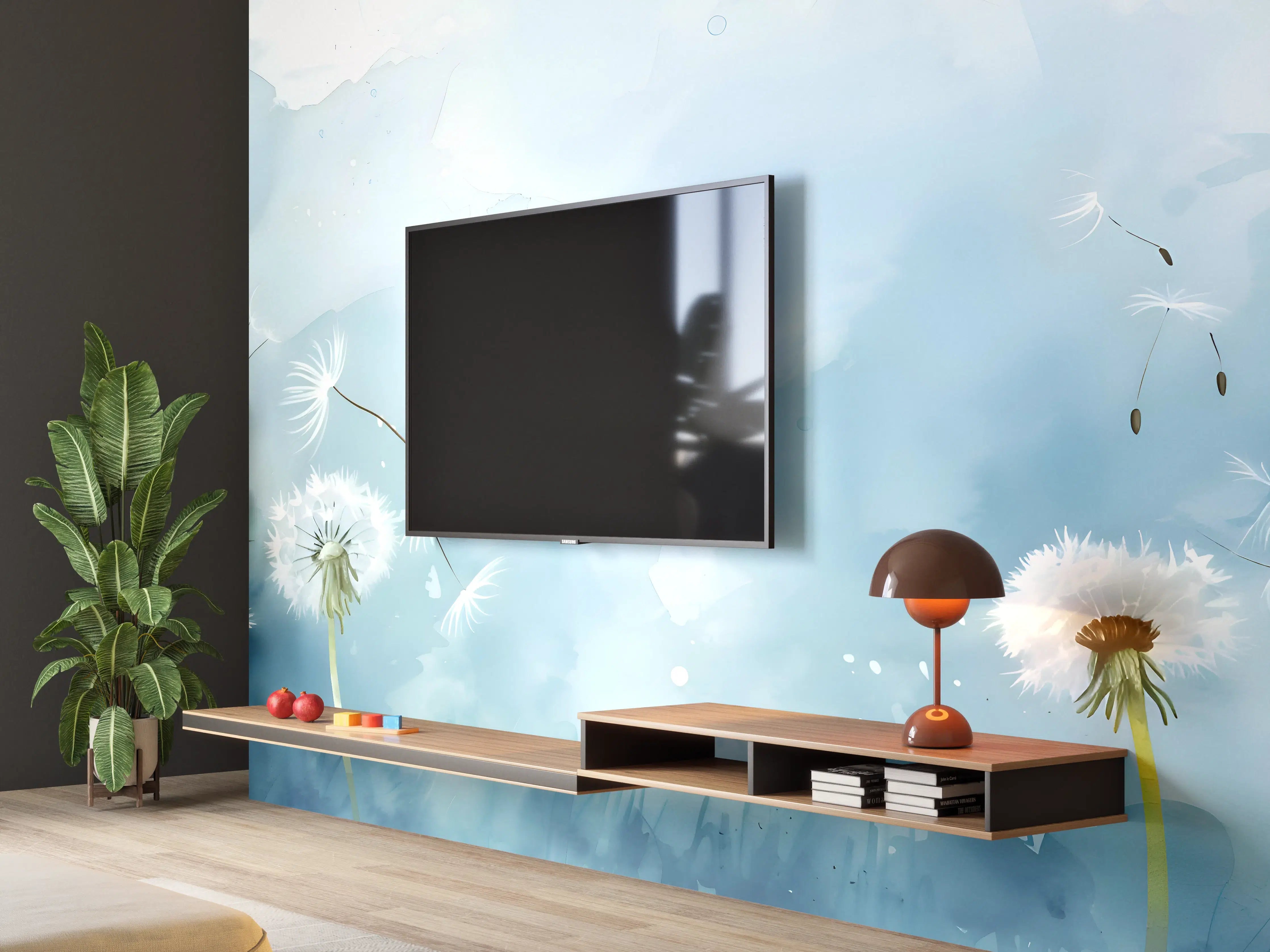 Wandverkleidung Wohnzimmer - Pusteblumen Aquarell Blau-Weiß