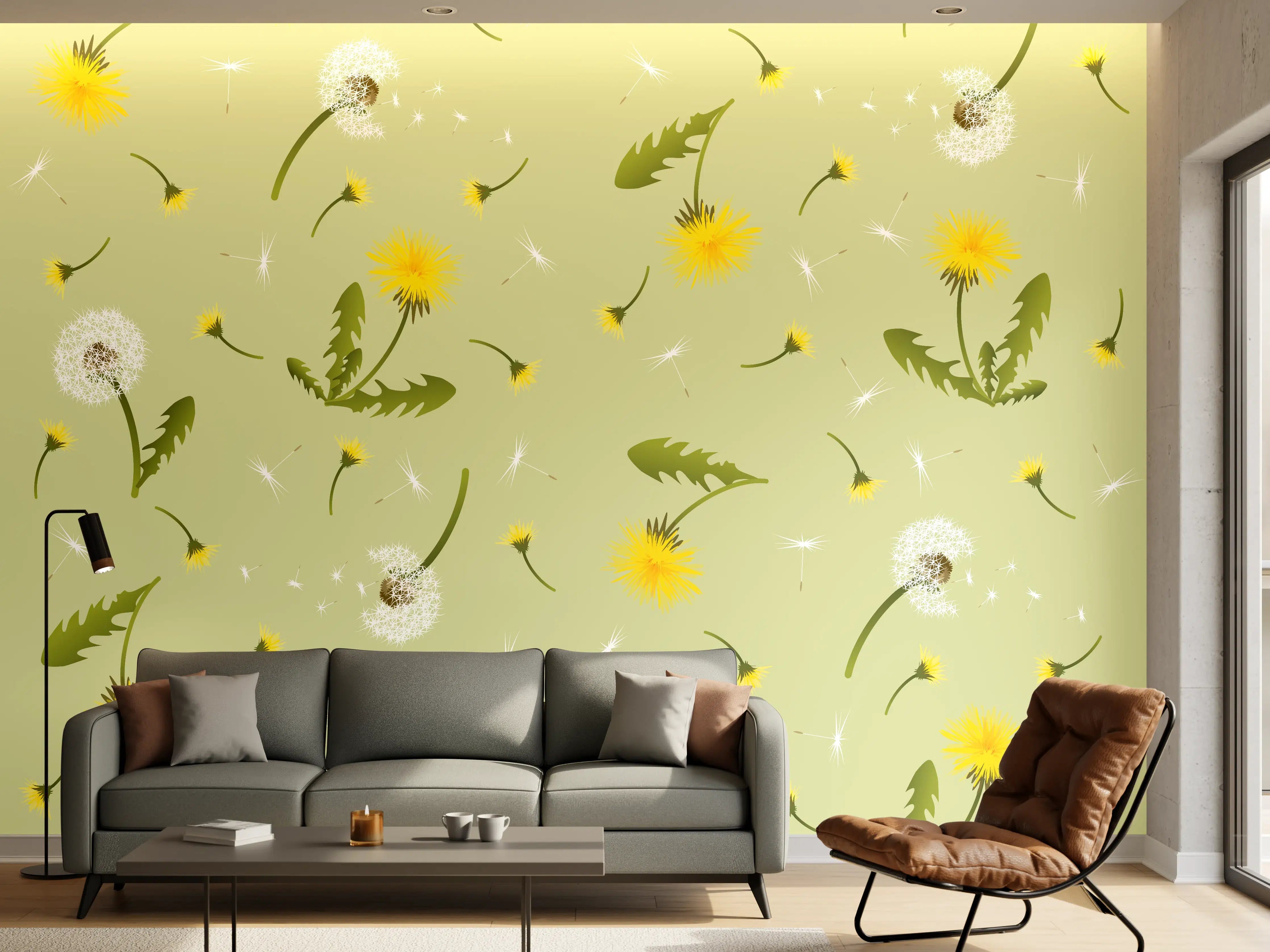 Wandverkleidung Wohnzimmer - Pusteblumen Grün-Gelb Muster