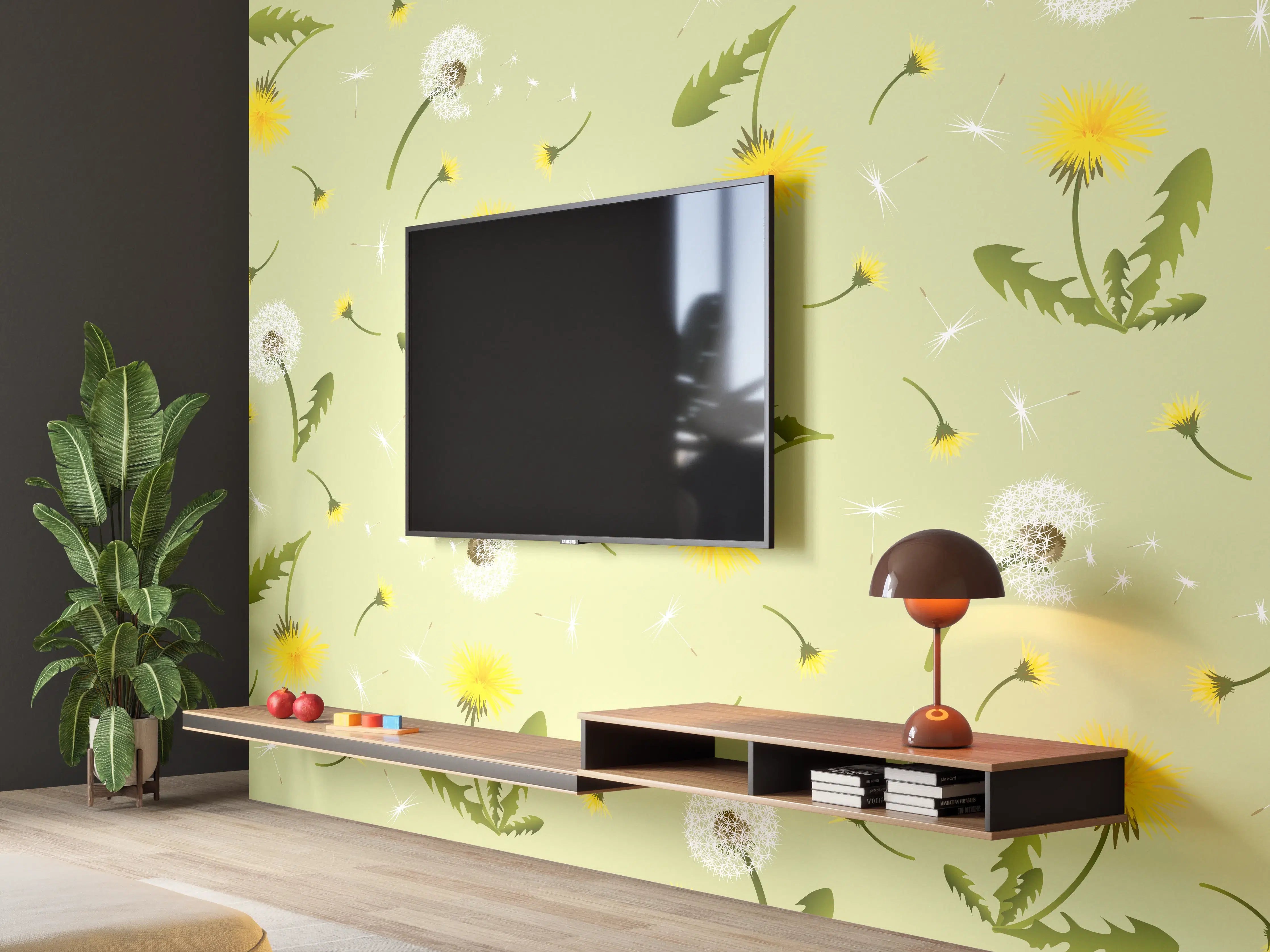 Wandverkleidung Wohnzimmer - Pusteblumen Grün-Gelb Muster