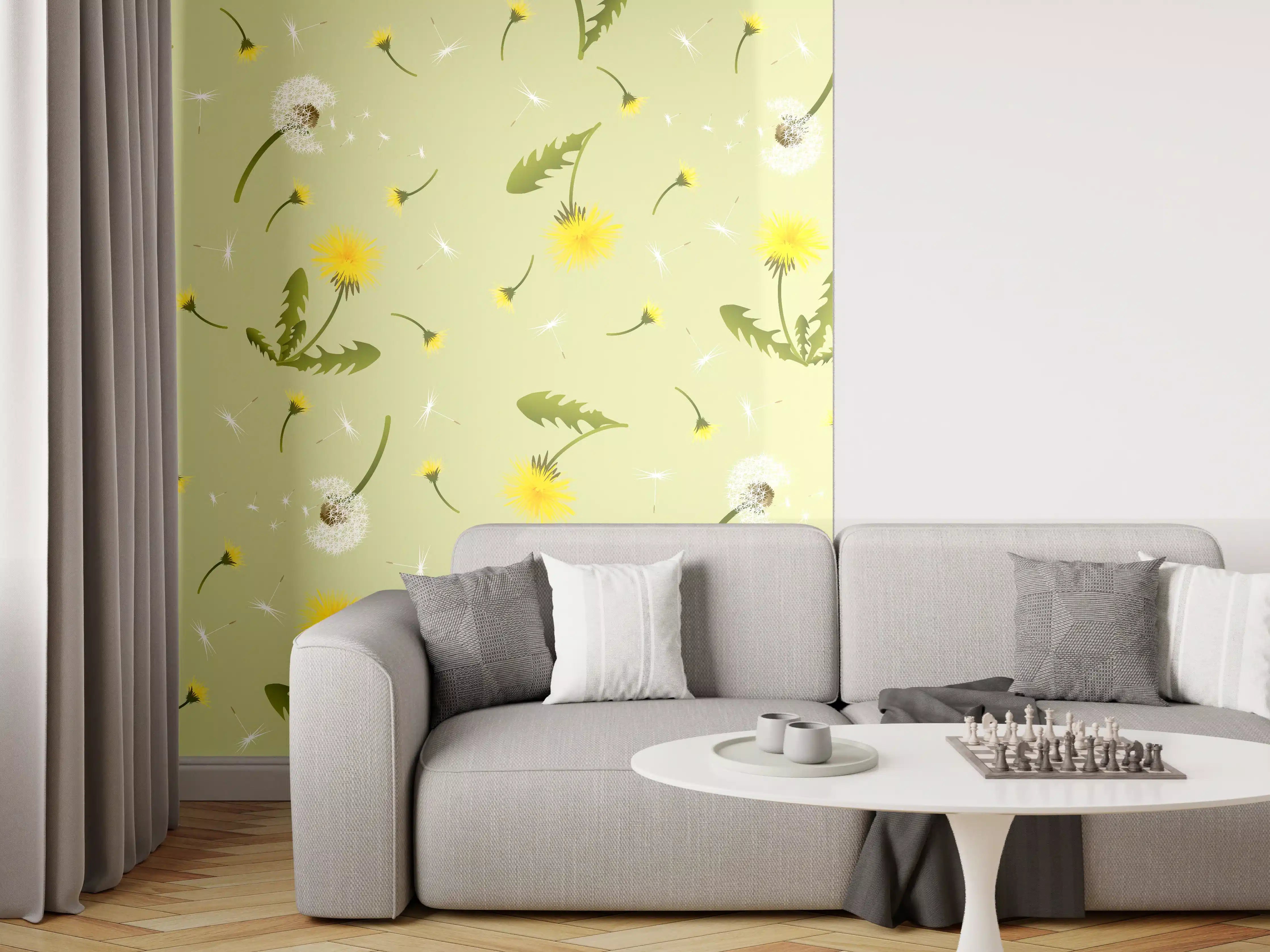 Wandverkleidung Wohnzimmer - Pusteblumen Grün-Gelb Muster