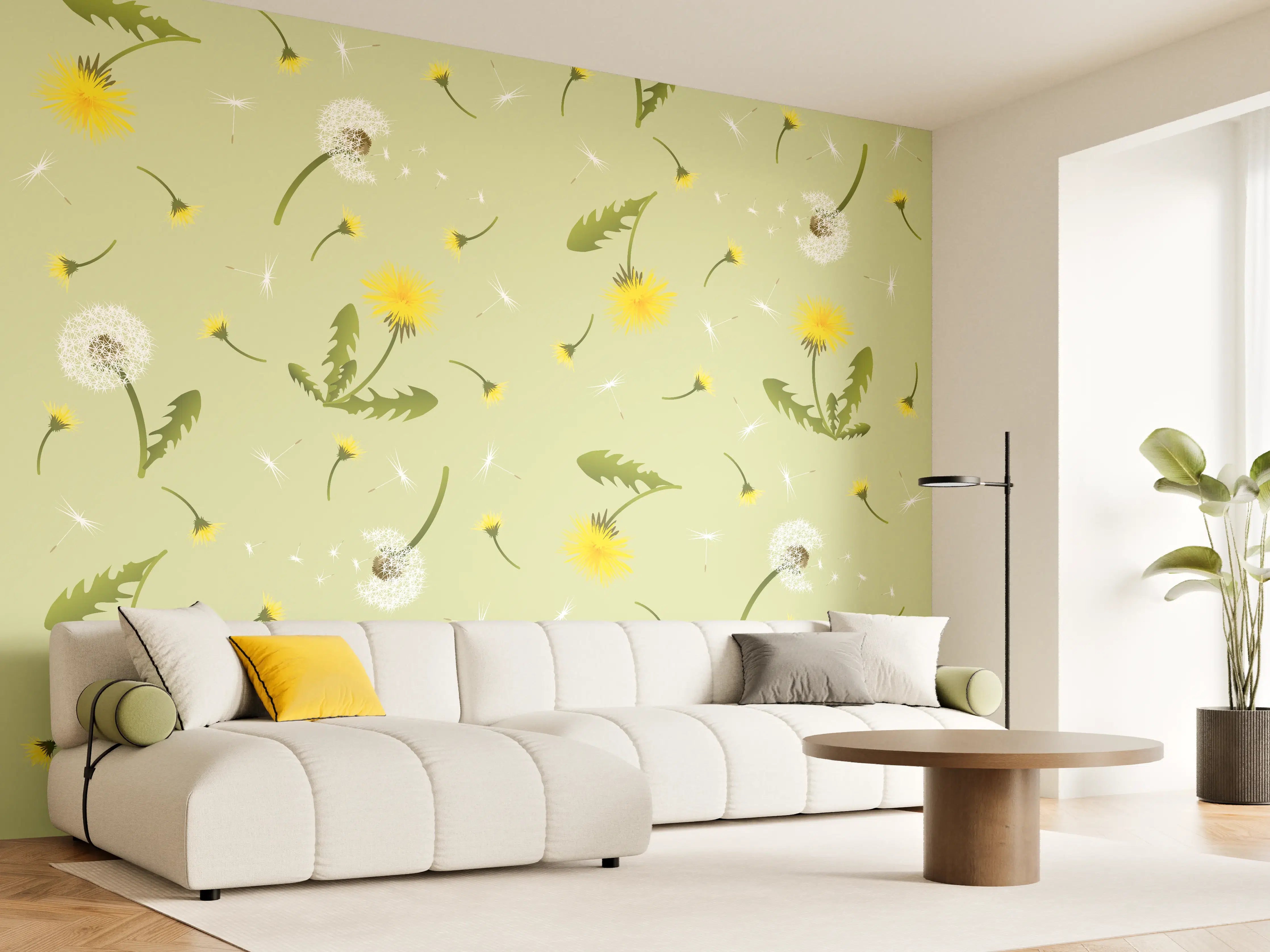 Wandverkleidung Wohnzimmer - Pusteblumen Grün-Gelb Muster