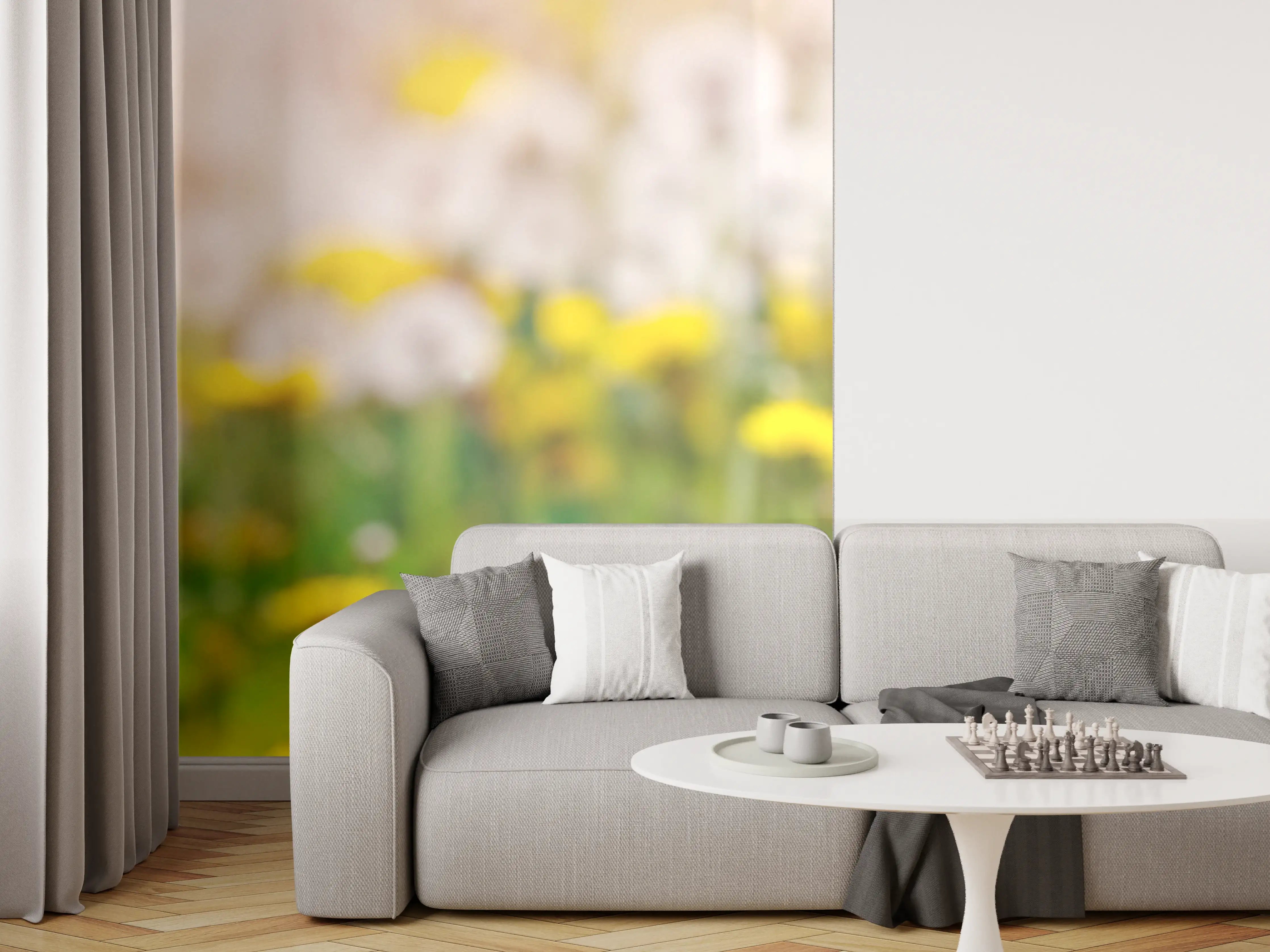 Wandverkleidung Wohnzimmer - Pusteblumen-Wiese Gelb Weiß