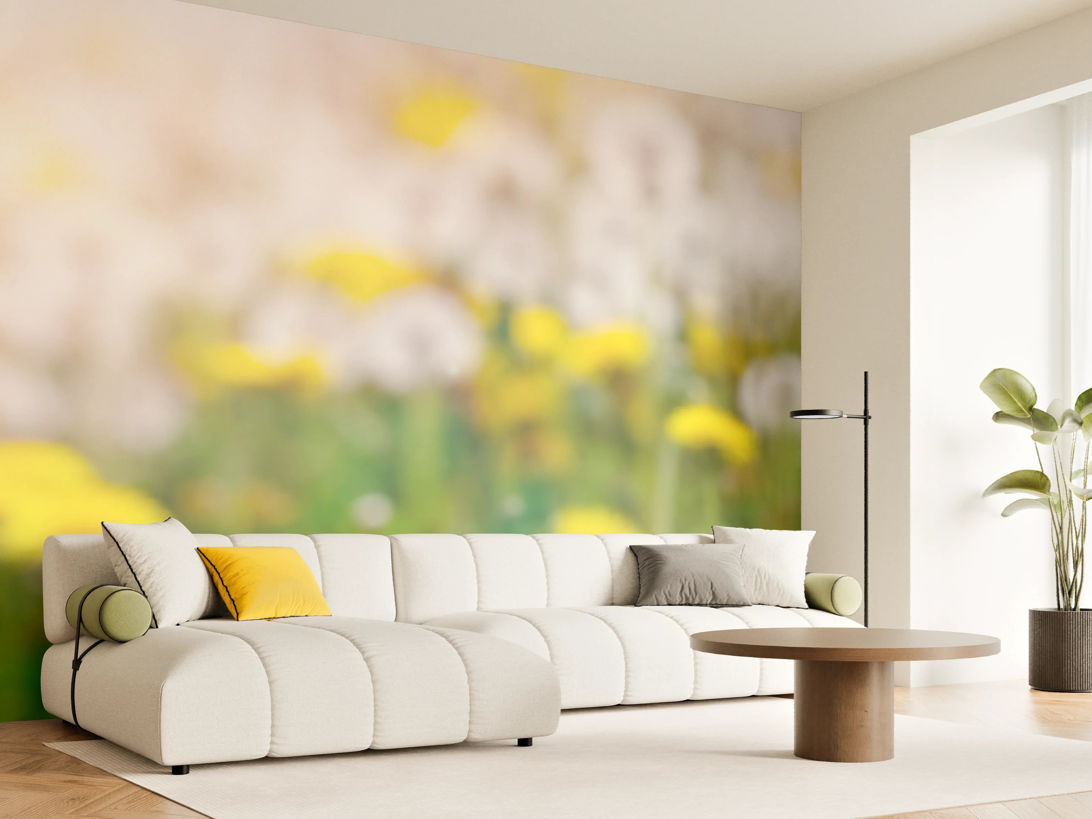 Wandverkleidung Wohnzimmer - Pusteblumen-Wiese Gelb Weiß