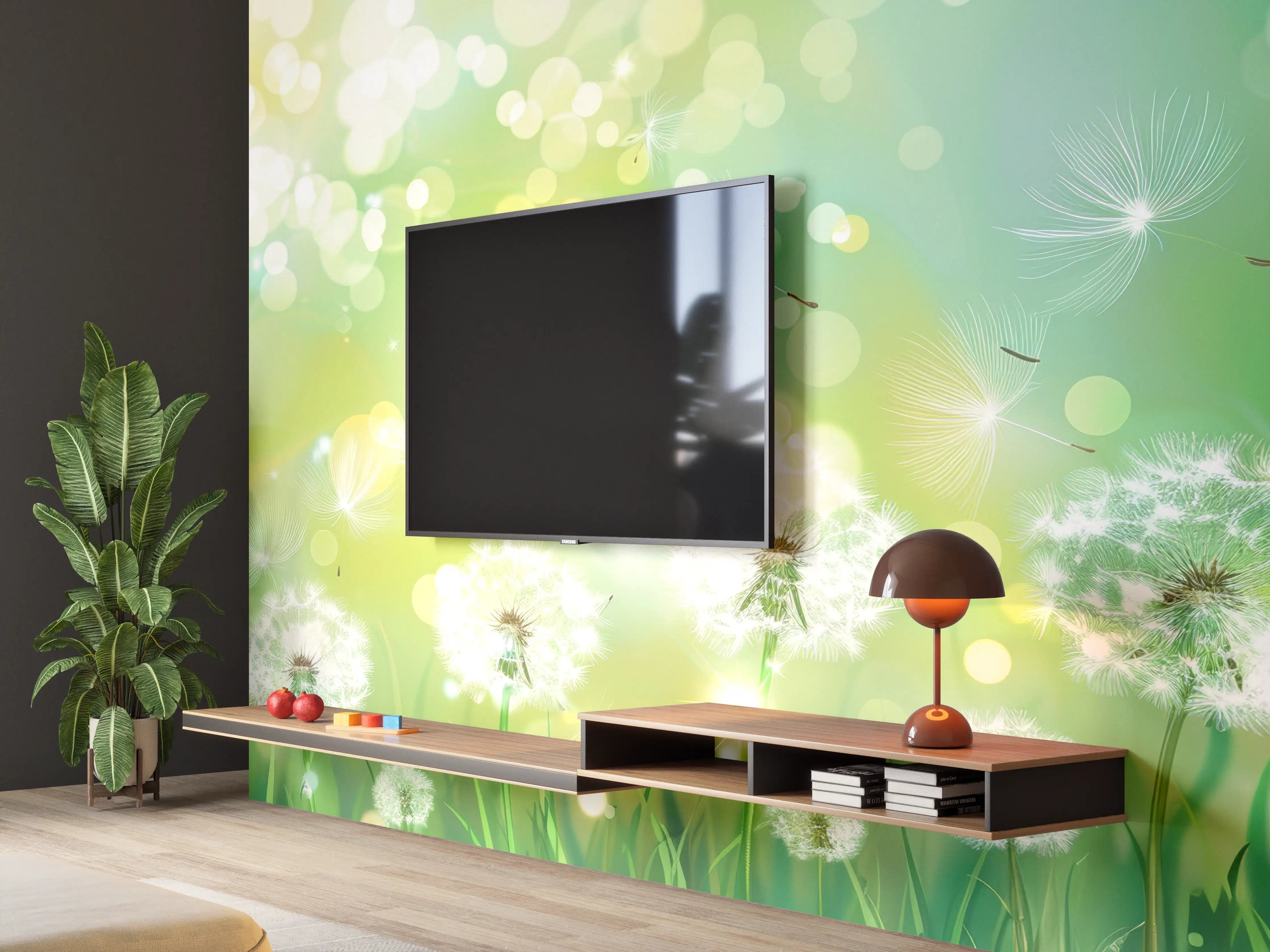 Wandverkleidung Wohnzimmer - Pusteblumen im Frühlingsgrün