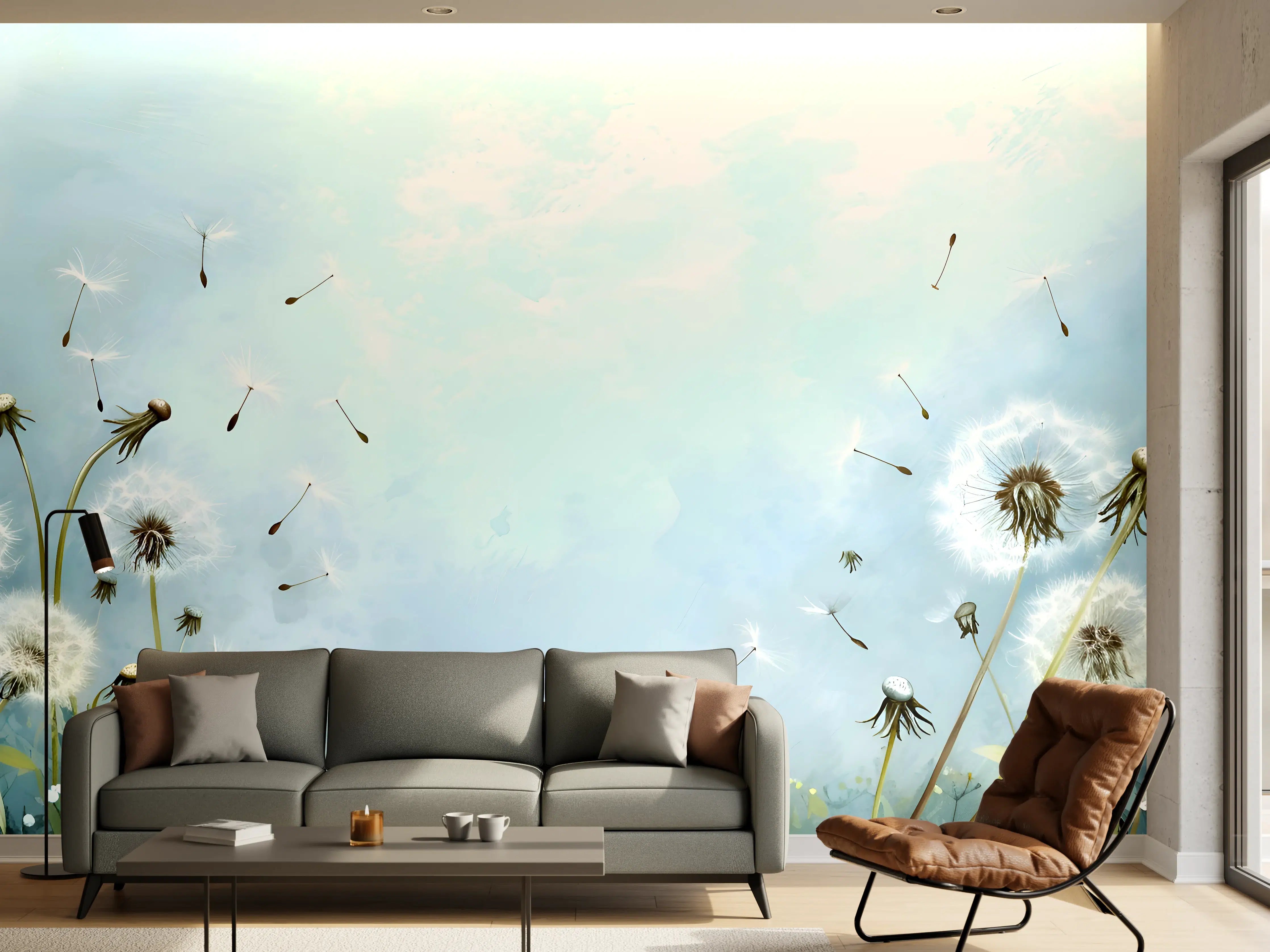 Wandverkleidung Wohnzimmer - Pusteblumen im blauen Himmel