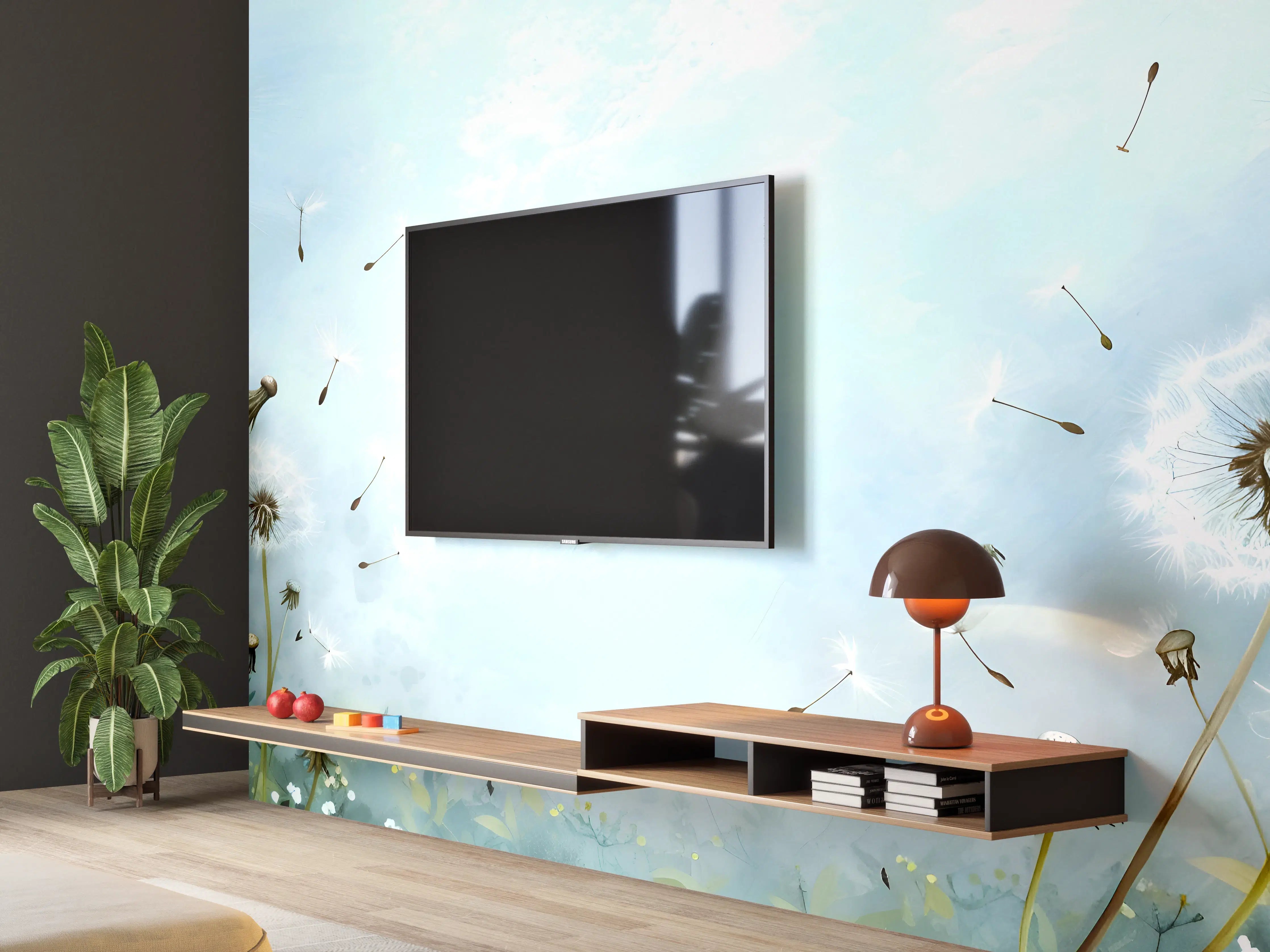 Wandverkleidung Wohnzimmer - Pusteblumen im blauen Himmel