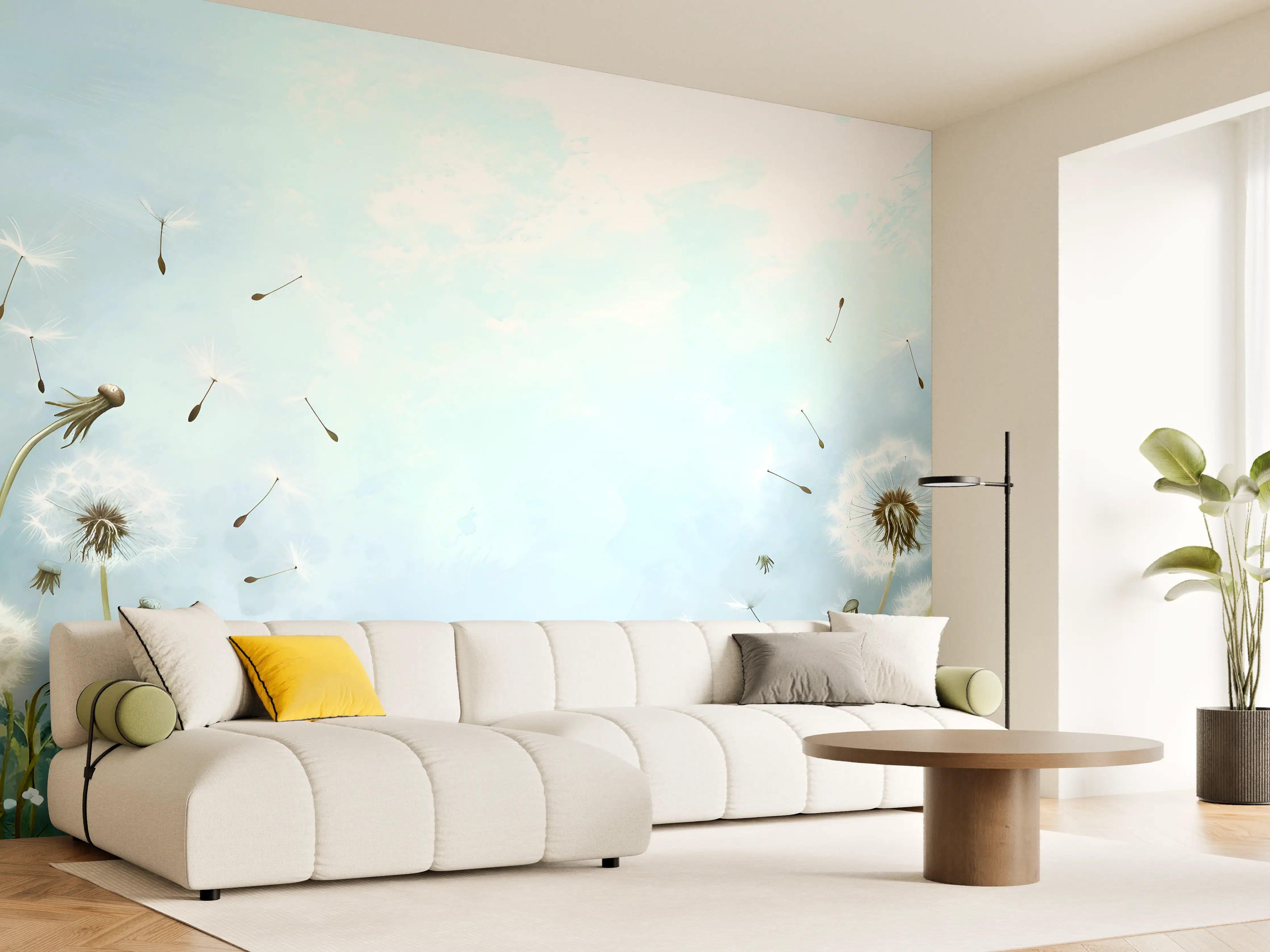 Wandverkleidung Wohnzimmer - Pusteblumen im blauen Himmel