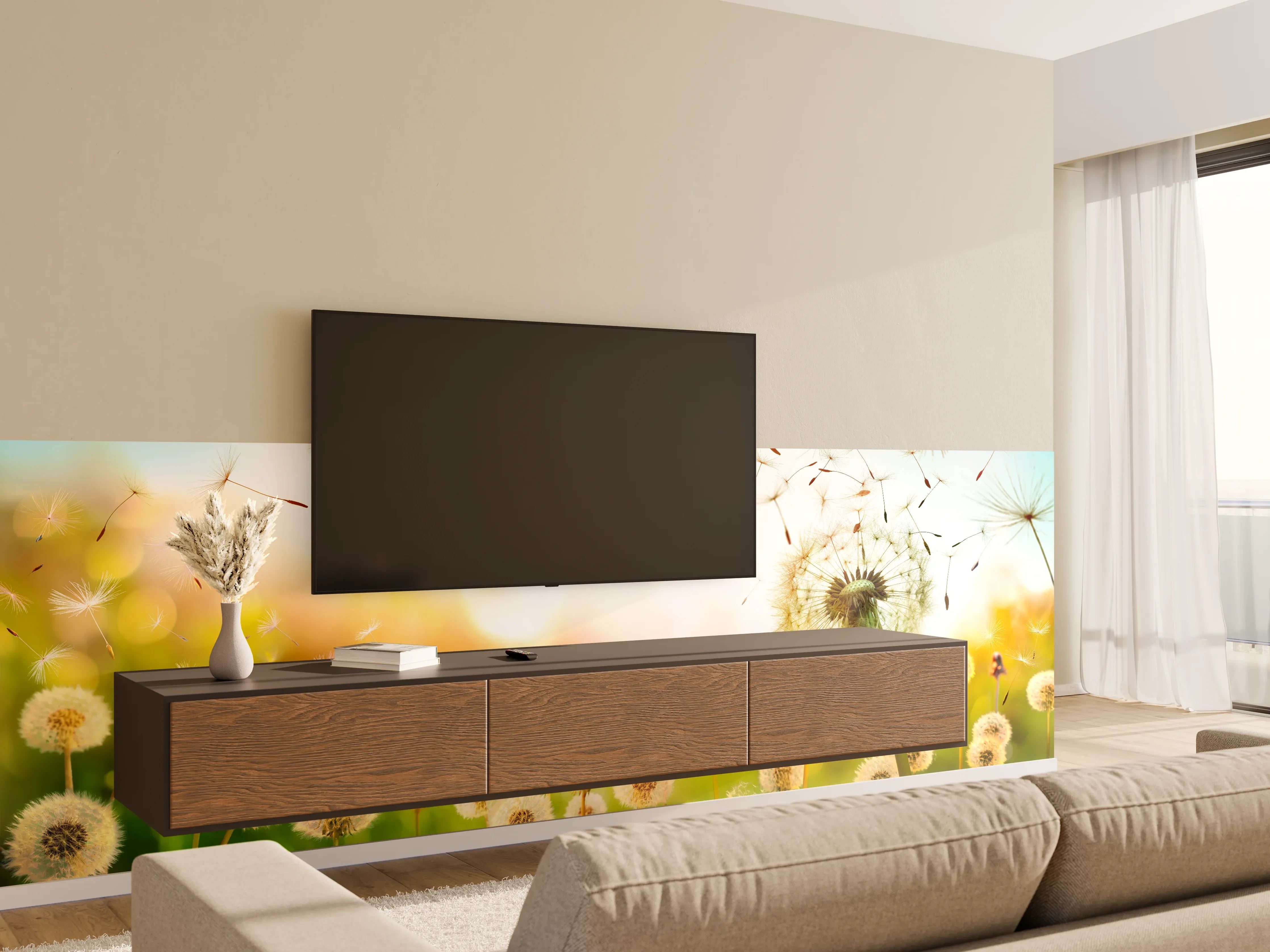 Wandverkleidung Wohnzimmer - Pusteblumen im goldenen Licht