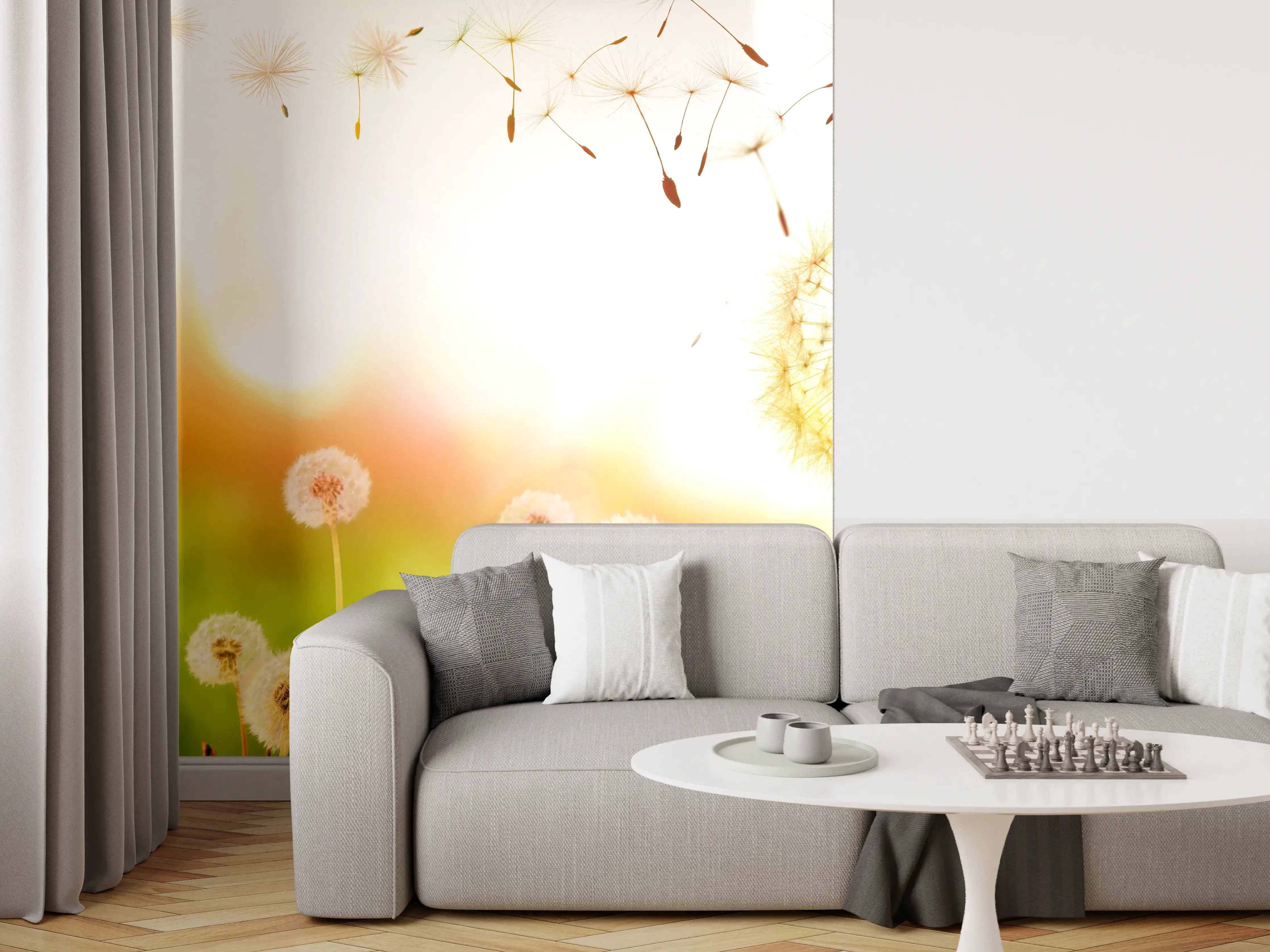 Wandverkleidung Wohnzimmer - Pusteblumen im goldenen Licht