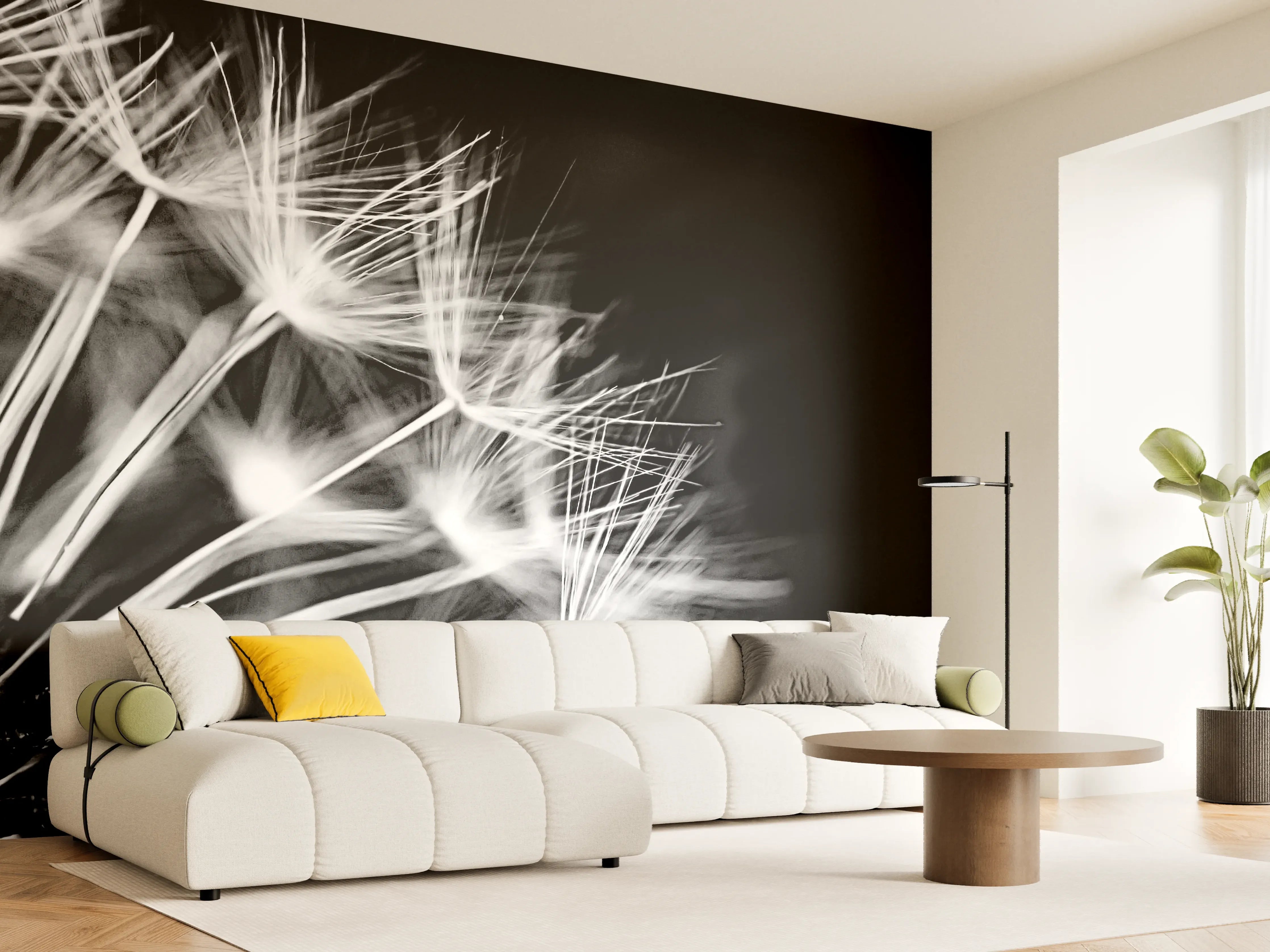 Wandverkleidung Wohnzimmer - Pusteblumen schwarz-weiß Hintergrund
