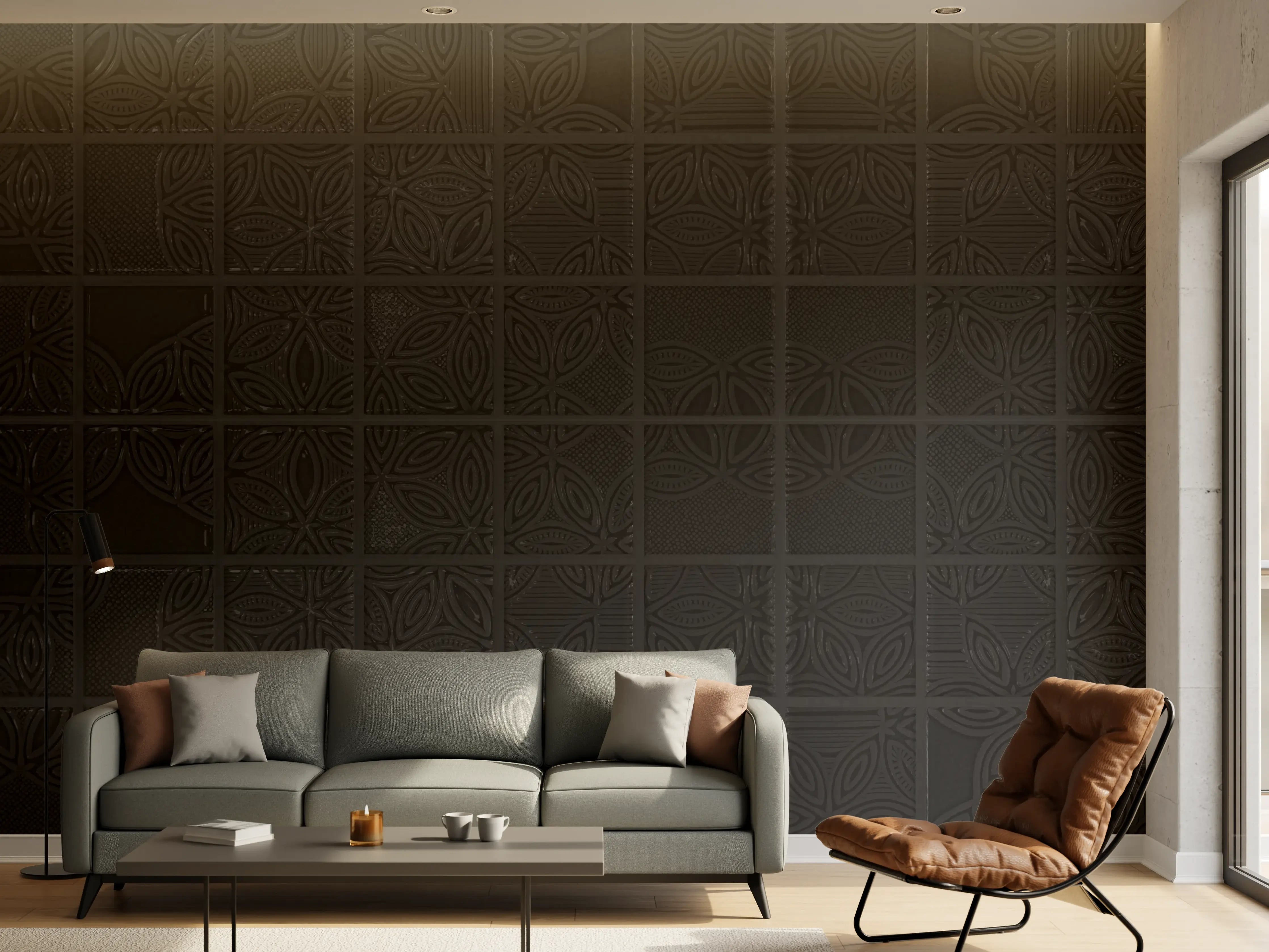Wandverkleidung Wohnzimmer - Quadratische schwarze Fliesen