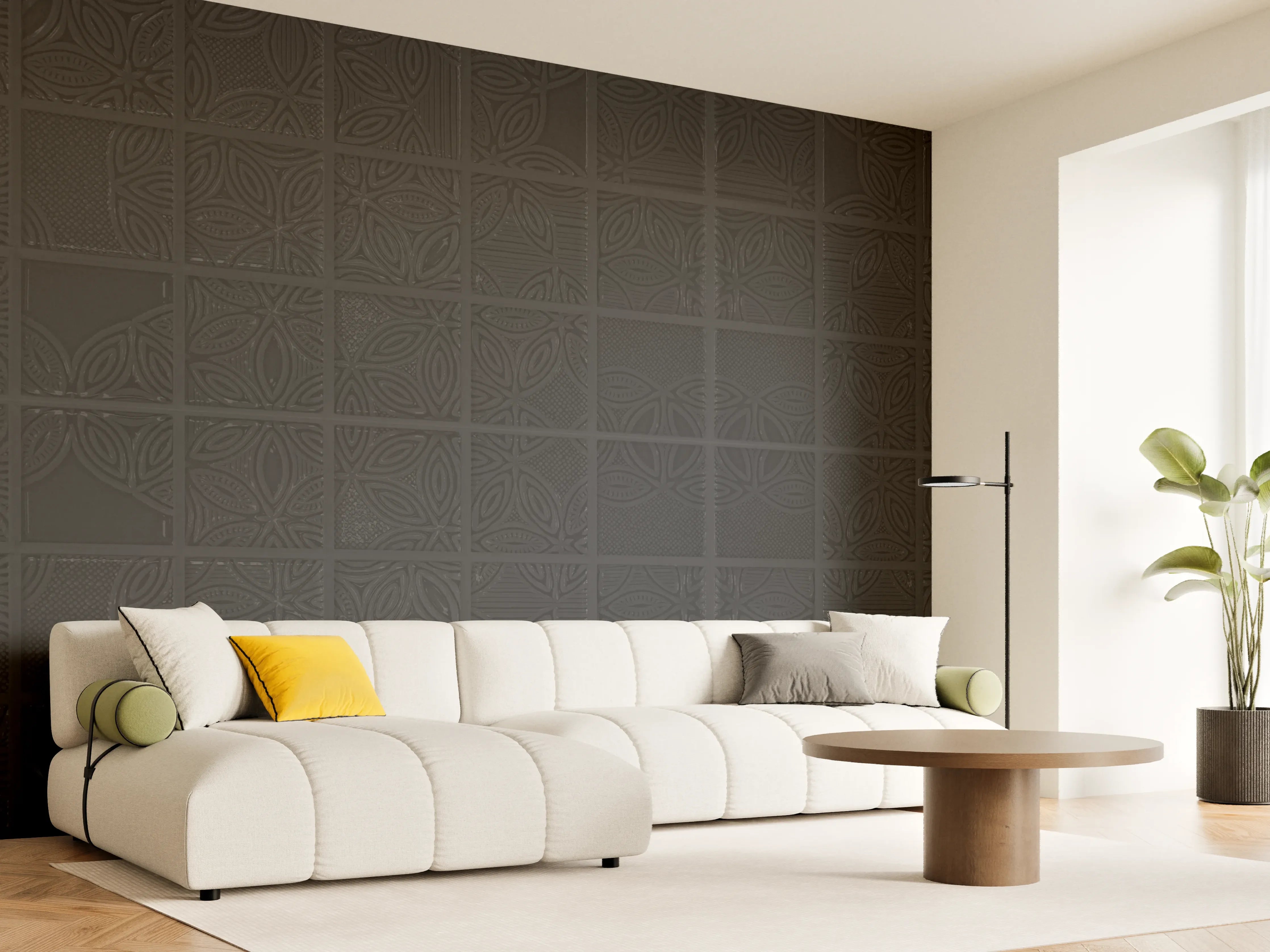 Wandverkleidung Wohnzimmer - Quadratische schwarze Fliesen