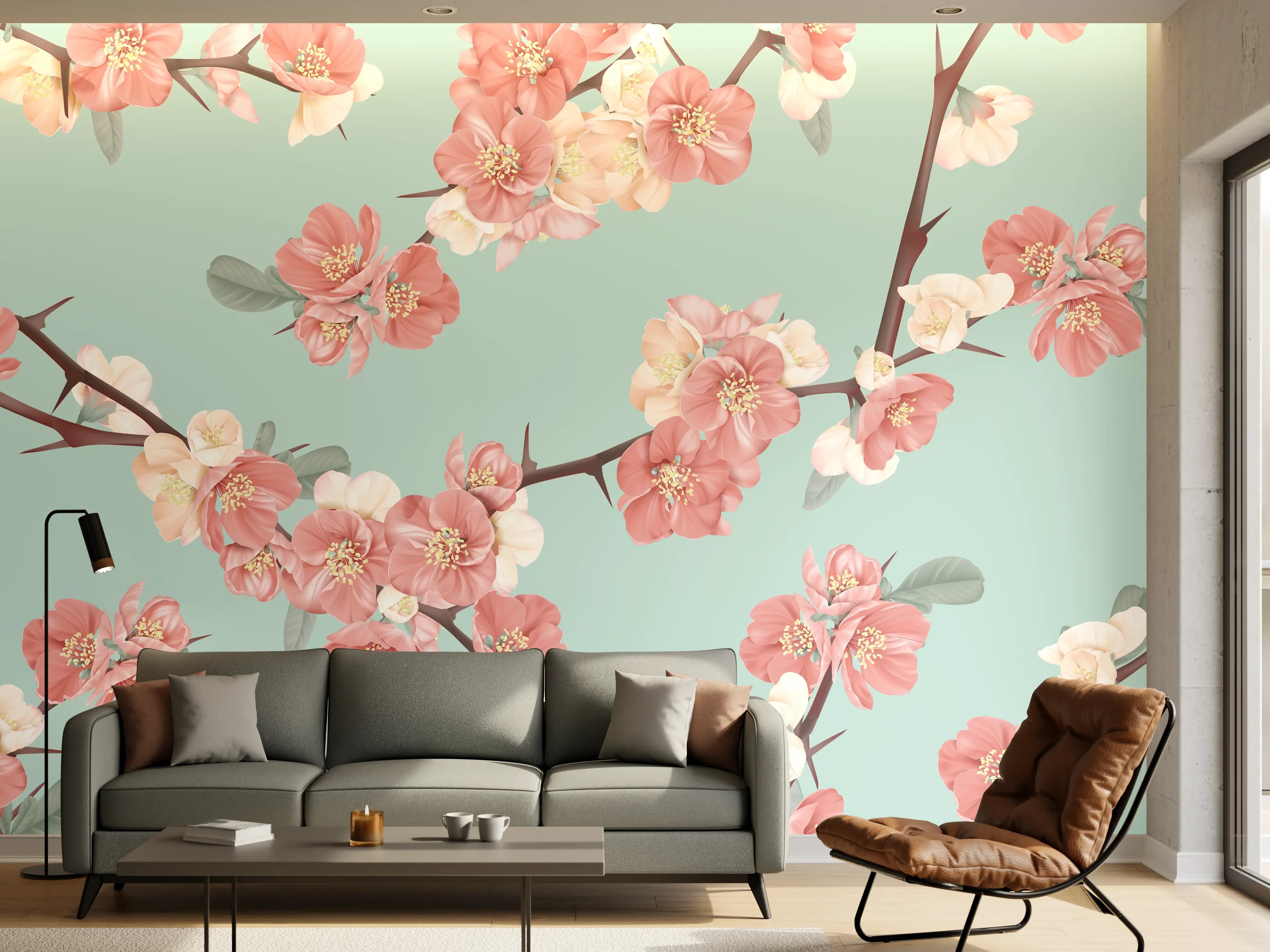 Wandverkleidung Wohnzimmer - Quittenblüte Pastell Vintagemuster