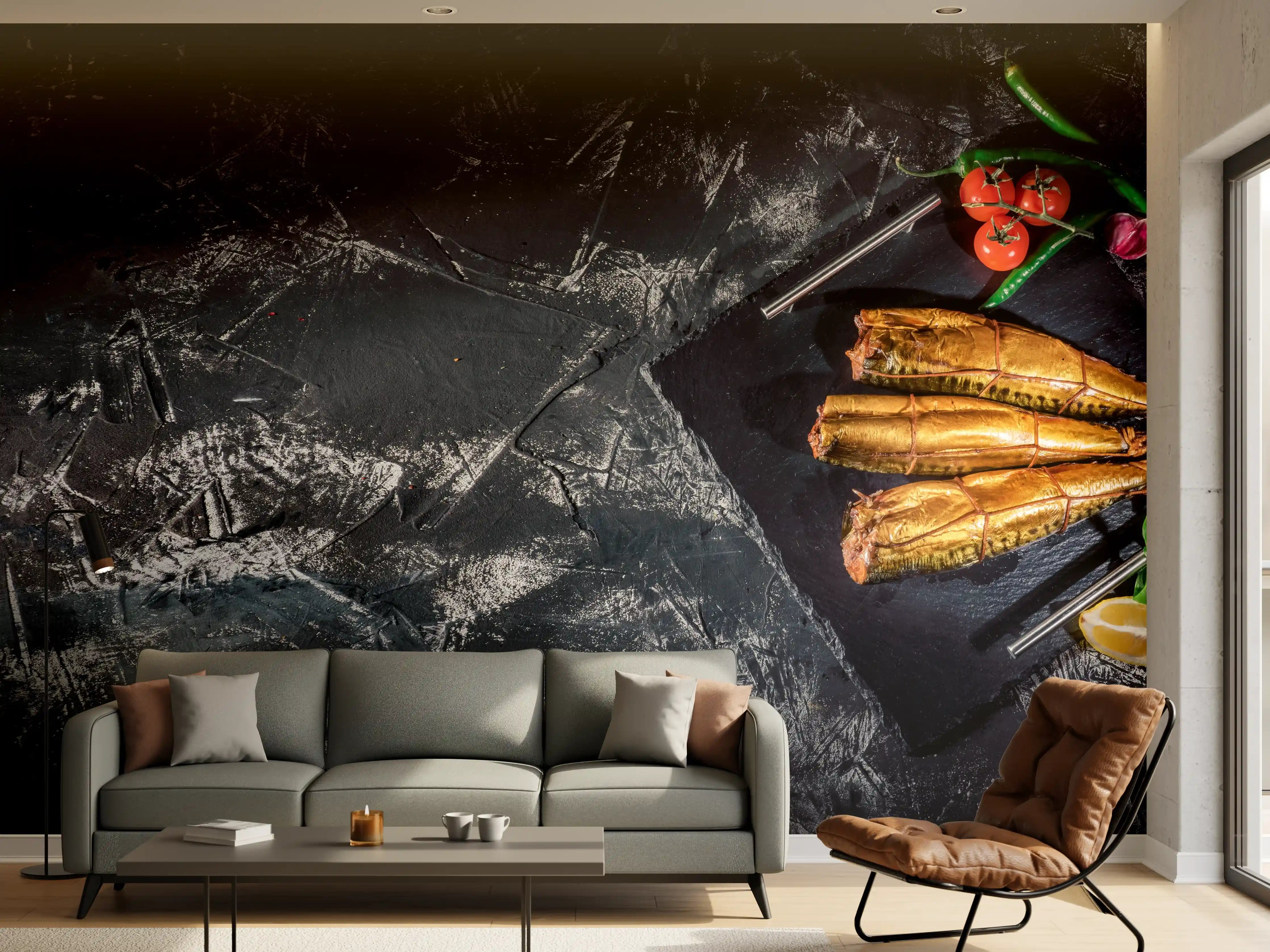 Wandverkleidung Wohnzimmer - Räucherfisch auf dunklem Schiefer