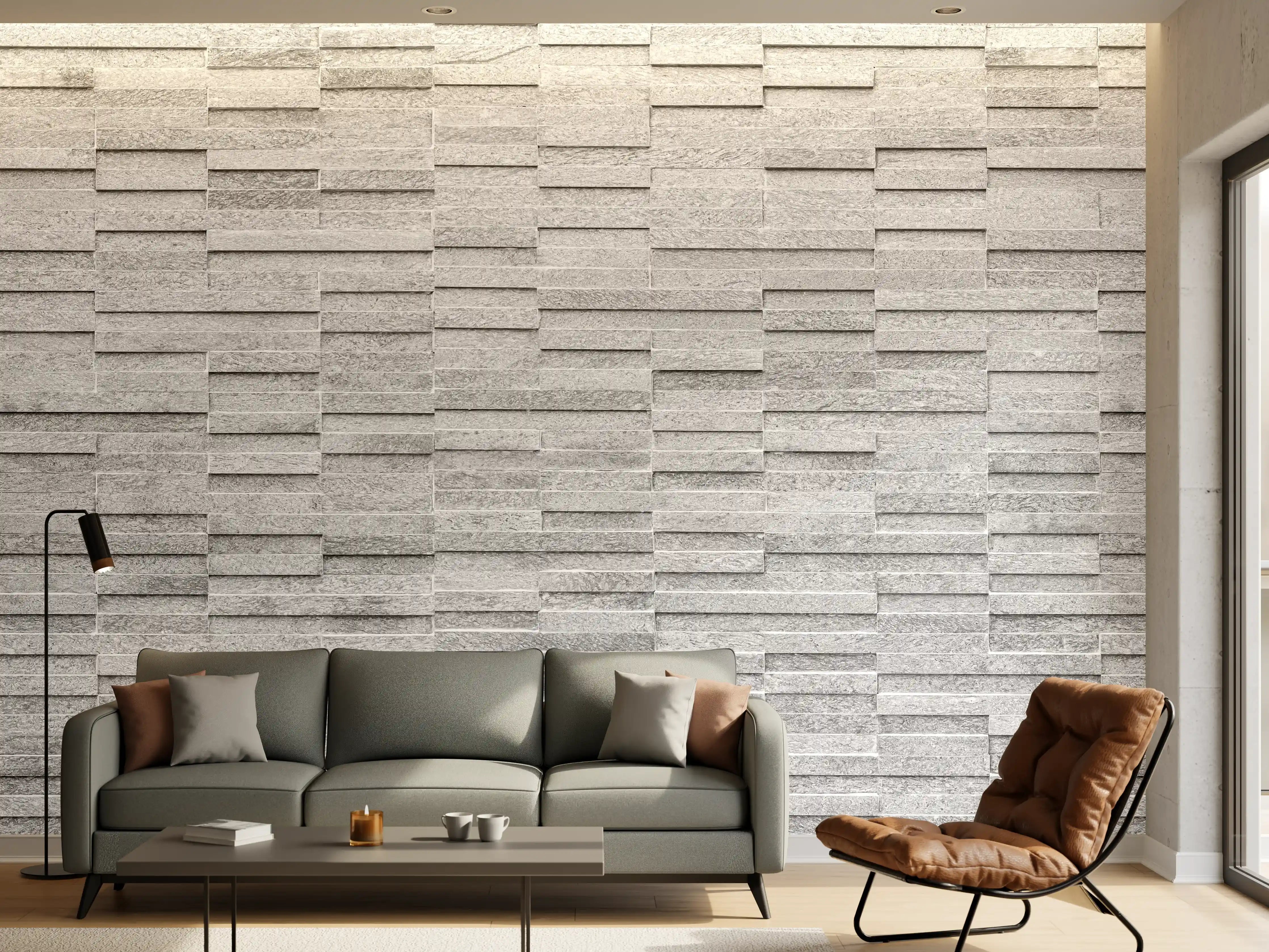 Wandverkleidung Wohnzimmer - Rauer weißer Sandstein