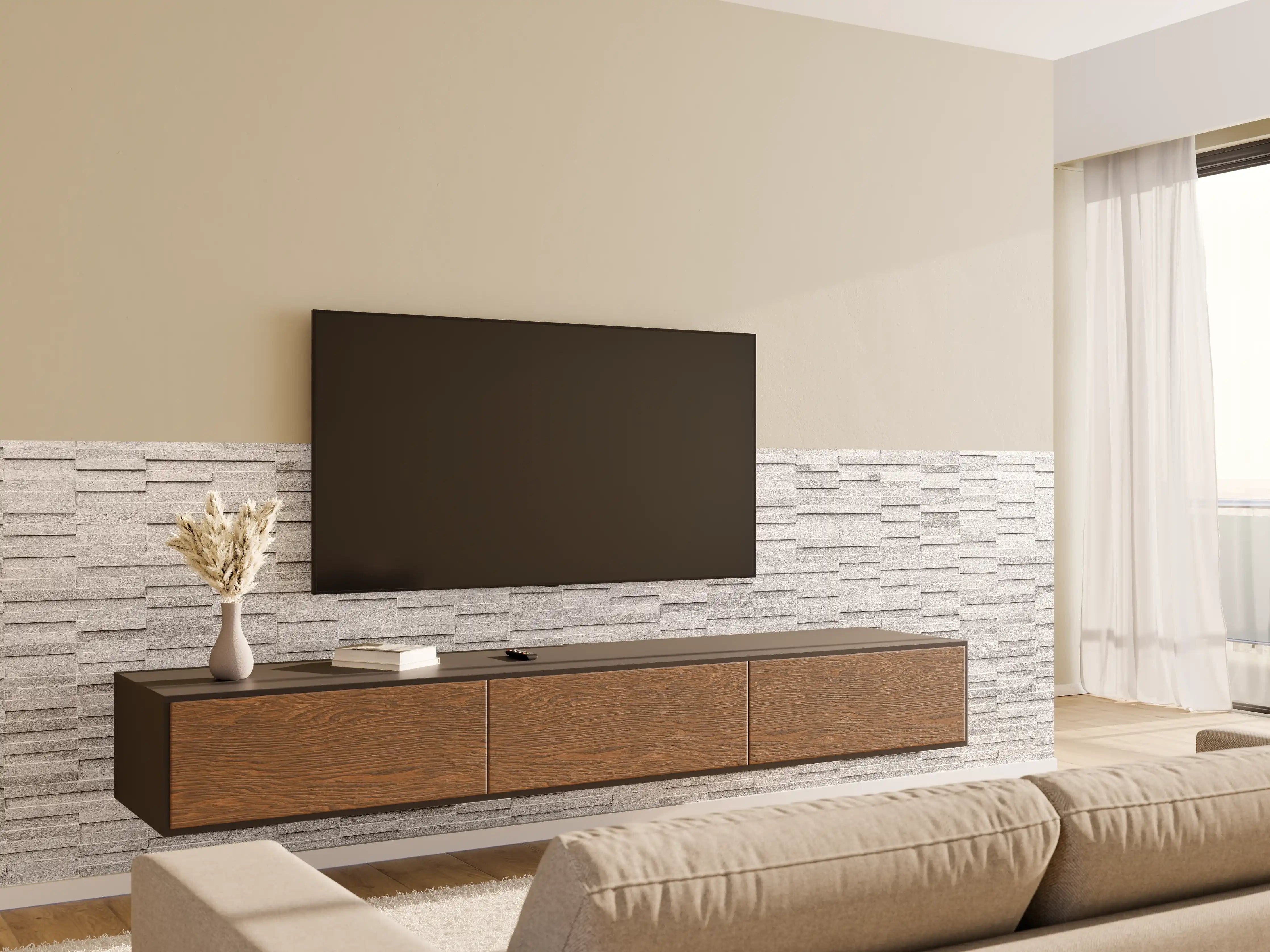 Wandverkleidung Wohnzimmer - Rauer weißer Sandstein