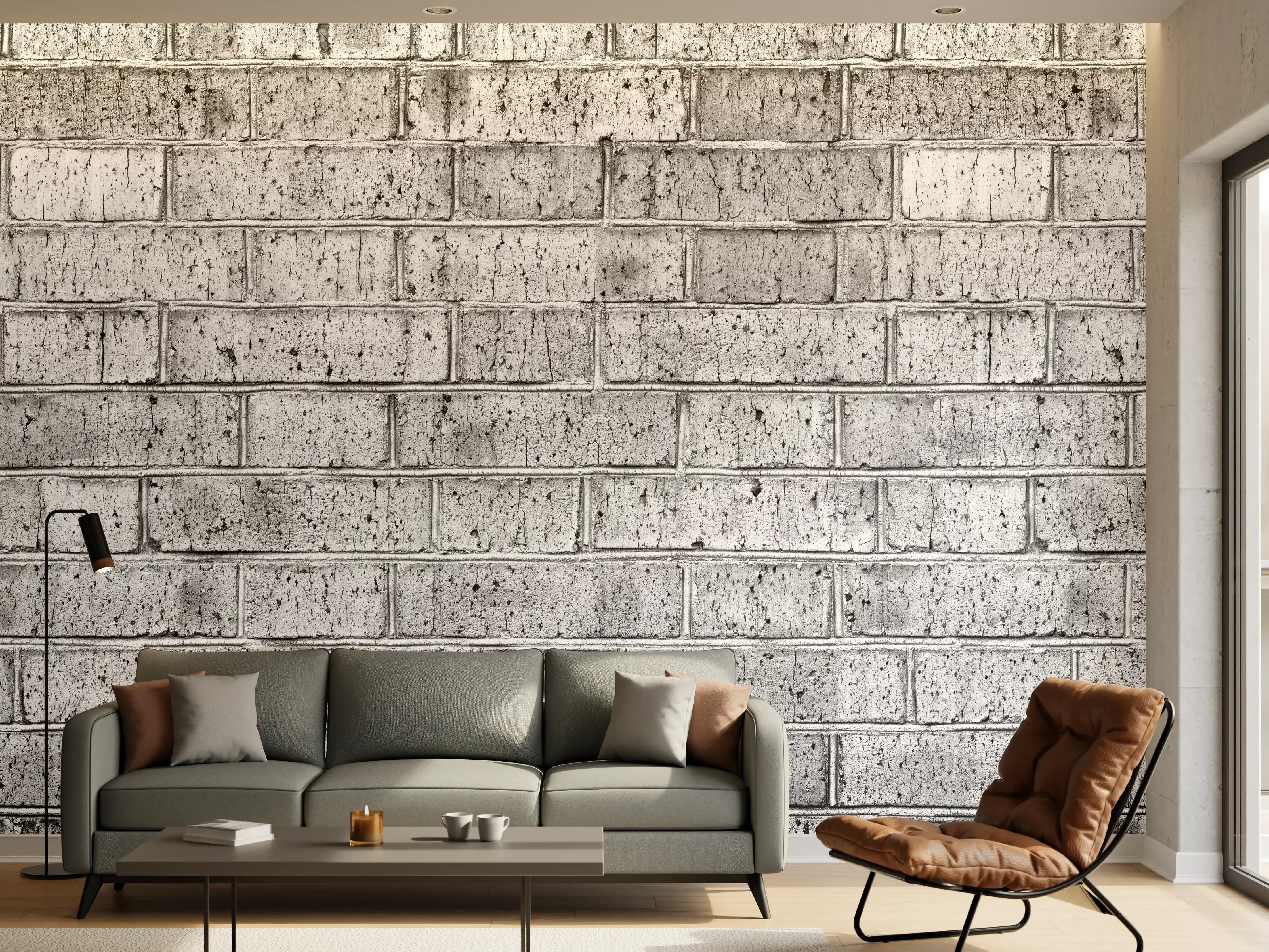 Wandverkleidung Wohnzimmer - Raues hellgraues Mauerwerk