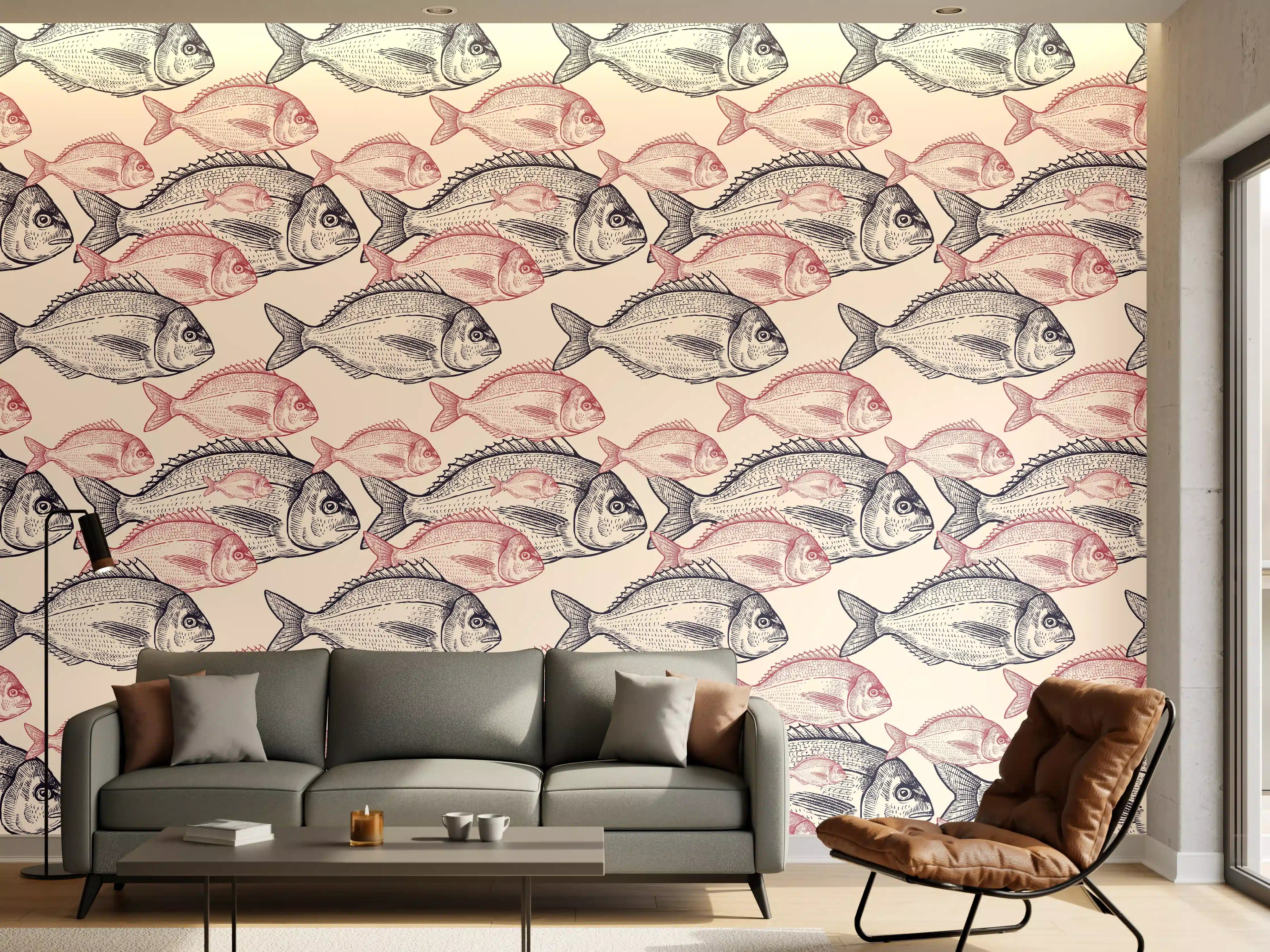 Wandverkleidung Wohnzimmer - Realistisches Fischmuster Rosa-Grau