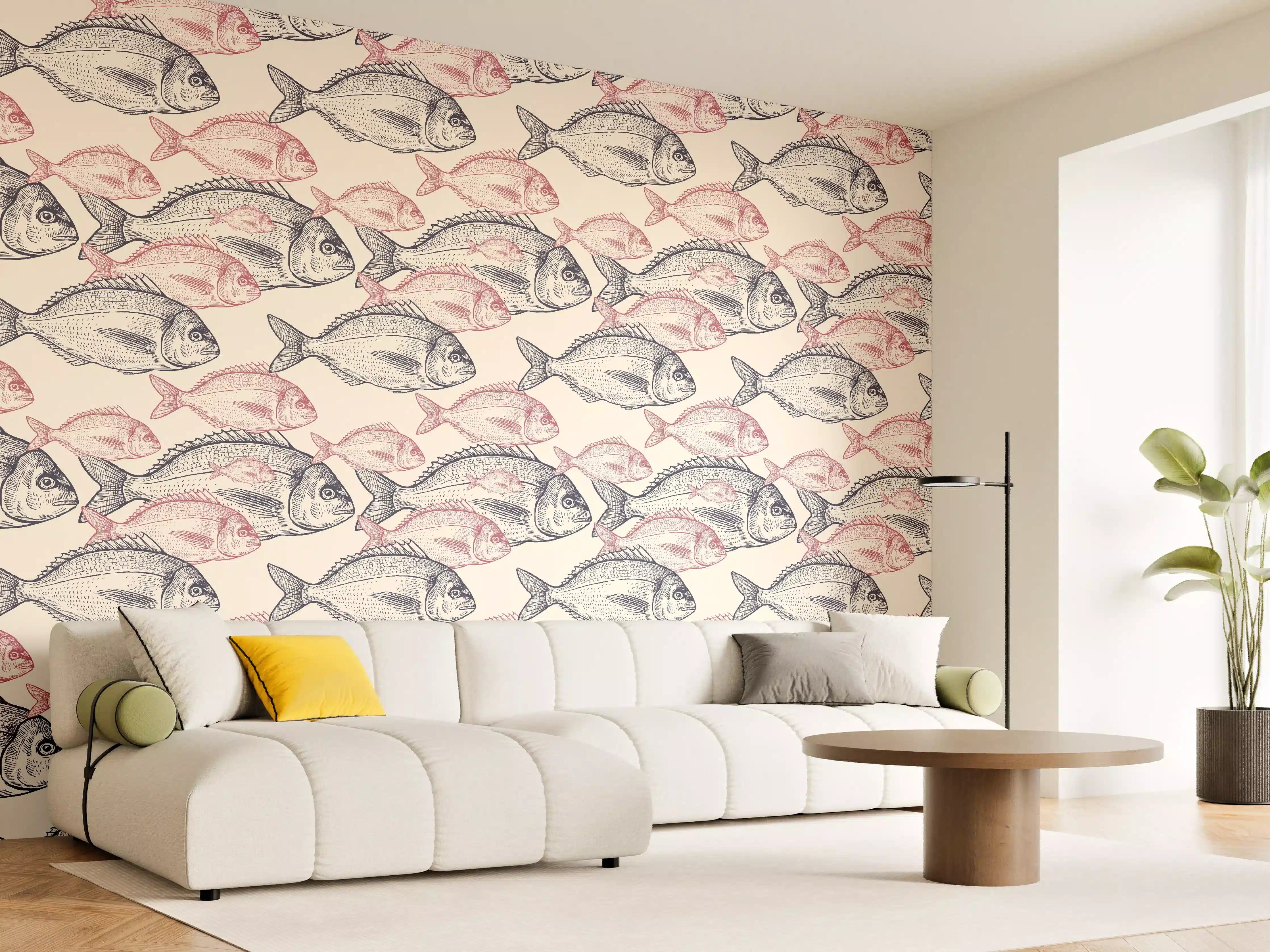 Wandverkleidung Wohnzimmer - Realistisches Fischmuster Rosa-Grau