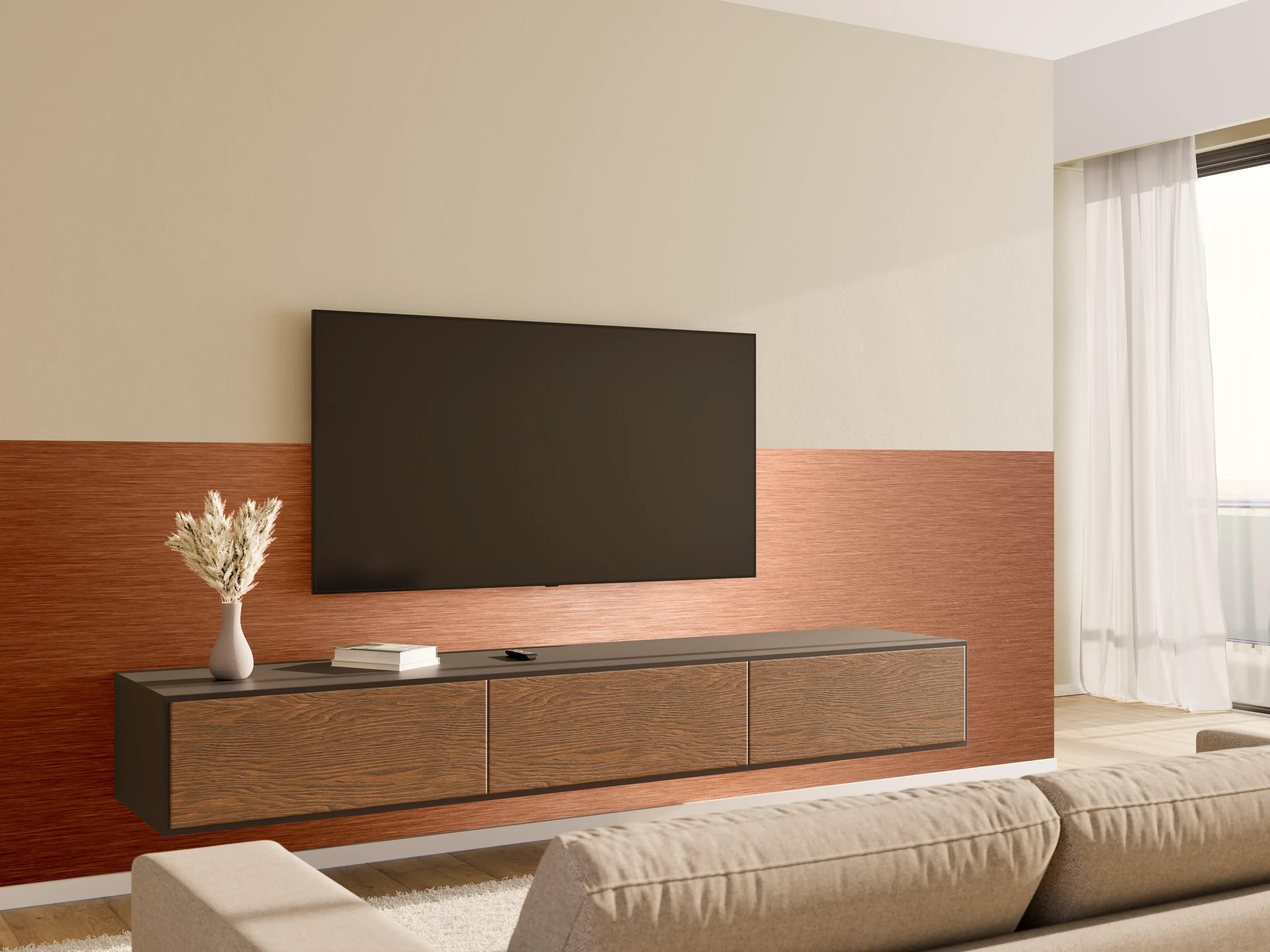 Wandverkleidung Wohnzimmer - Rohrstoff, Bronzefarben, Metalloptik