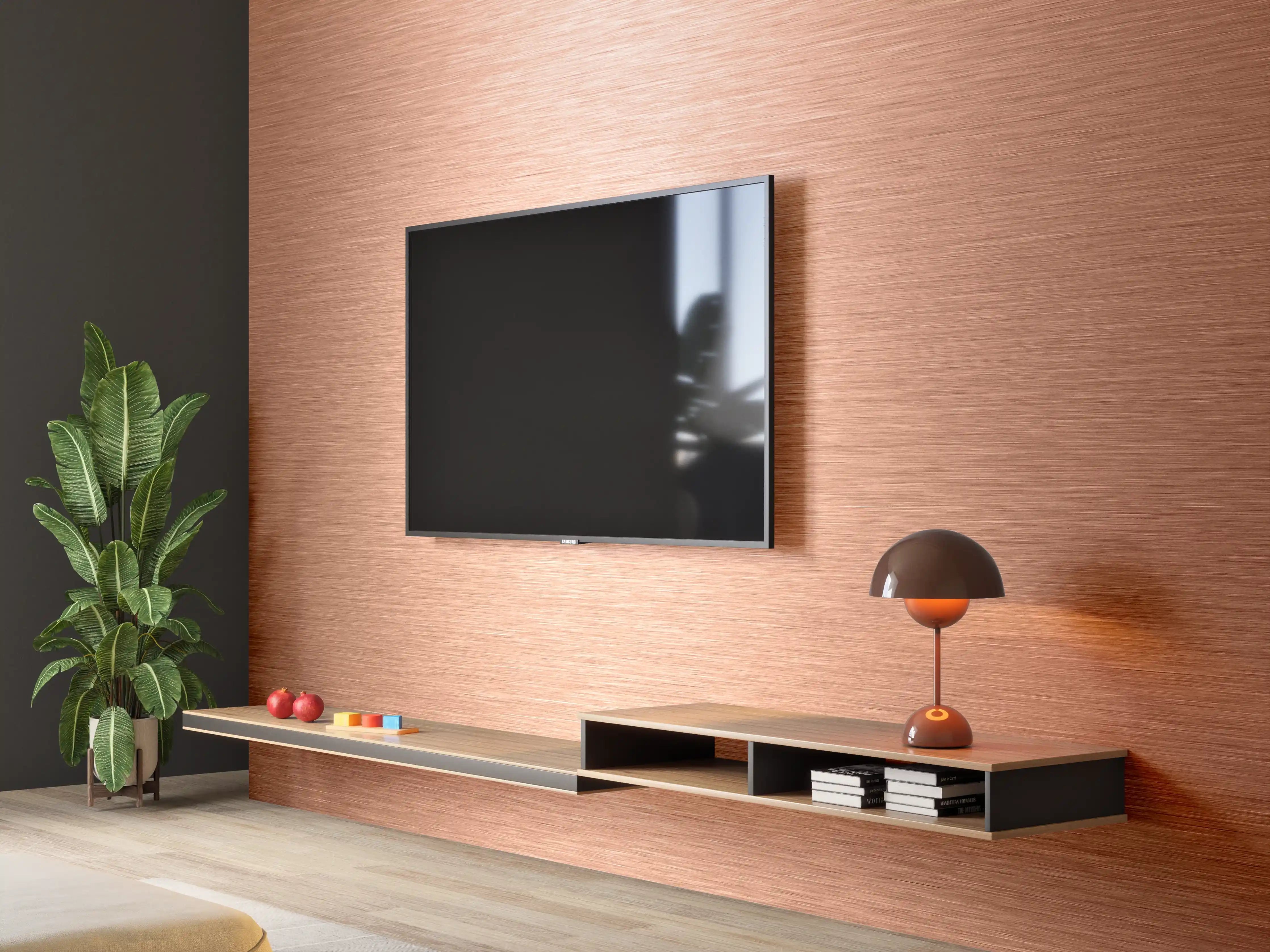 Wandverkleidung Wohnzimmer - Rohrstoff, Bronzefarben, Metalloptik