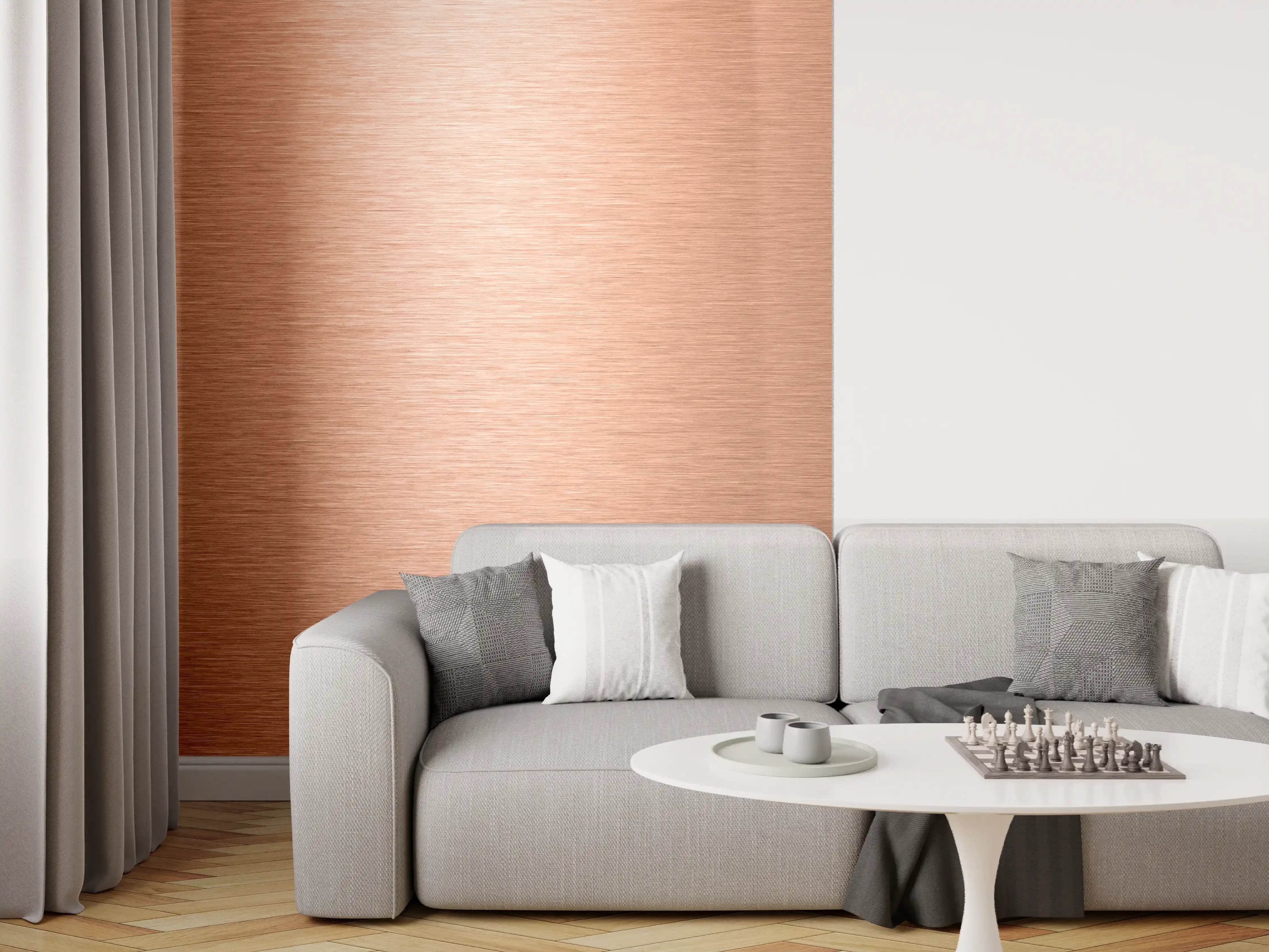 Wandverkleidung Wohnzimmer - Rohrstoff, Bronzefarben, Metalloptik