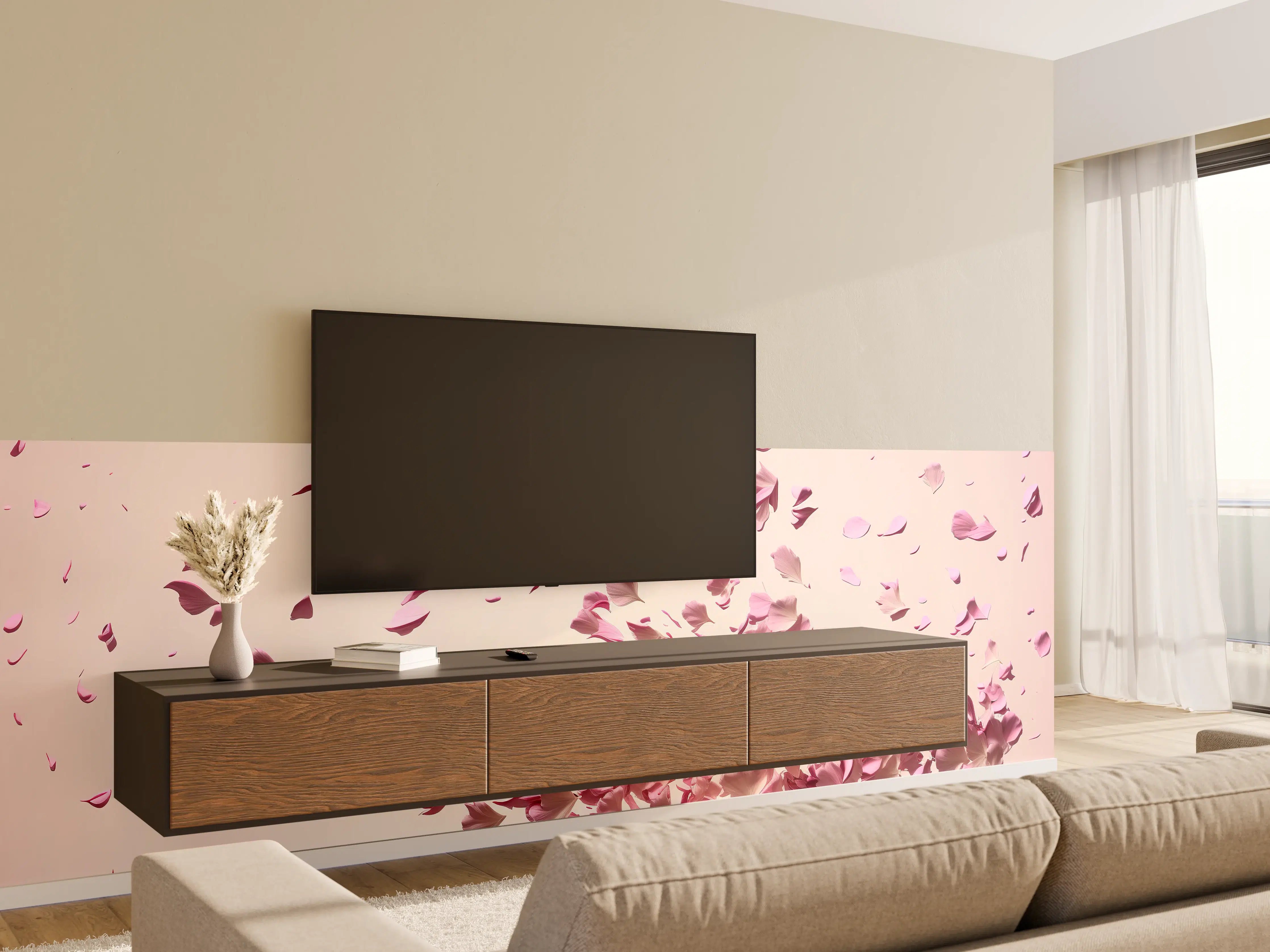 Wandverkleidung Wohnzimmer - Romantische Blütenblätter im Wind