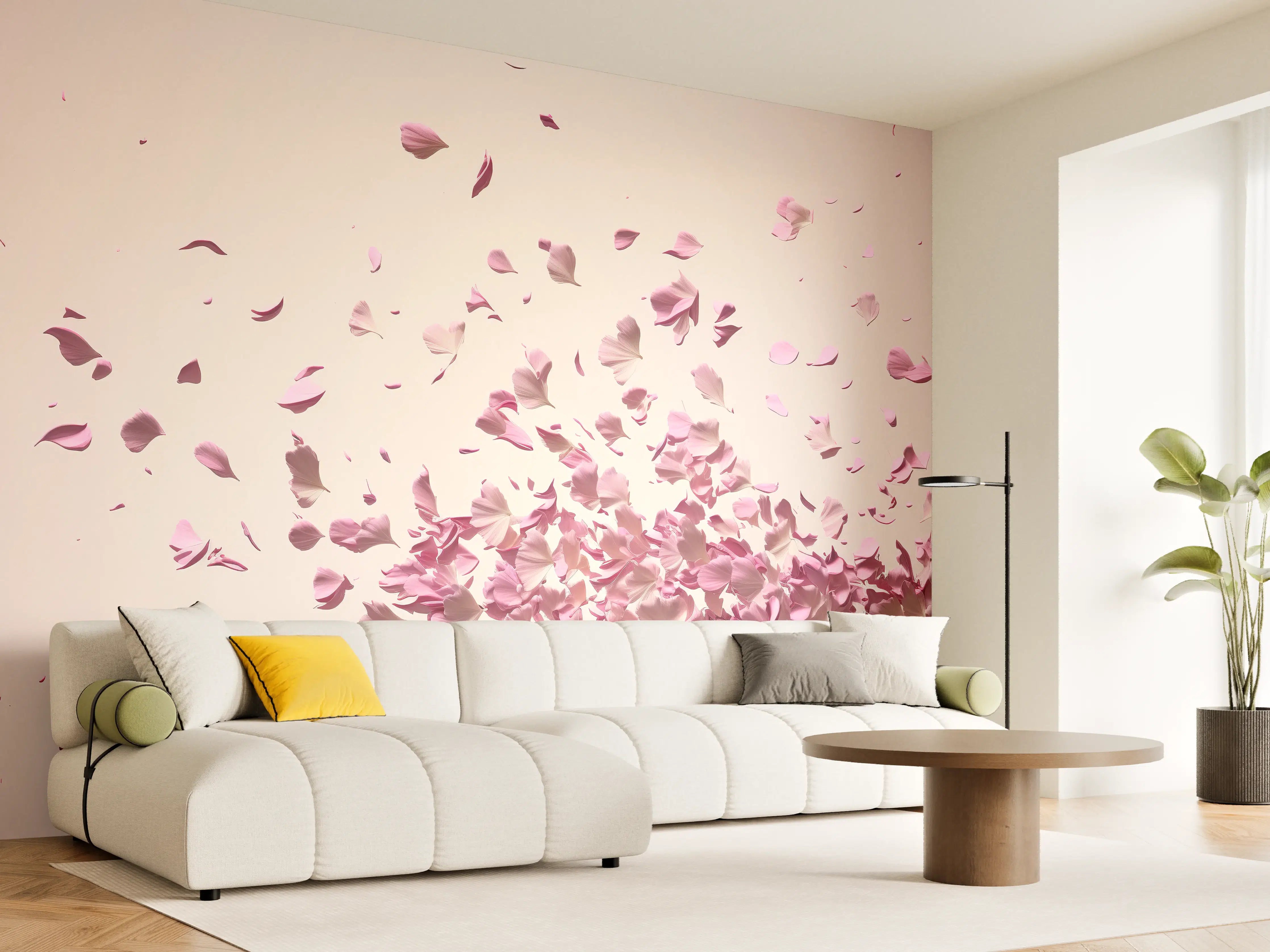 Wandverkleidung Wohnzimmer - Romantische Blütenblätter im Wind