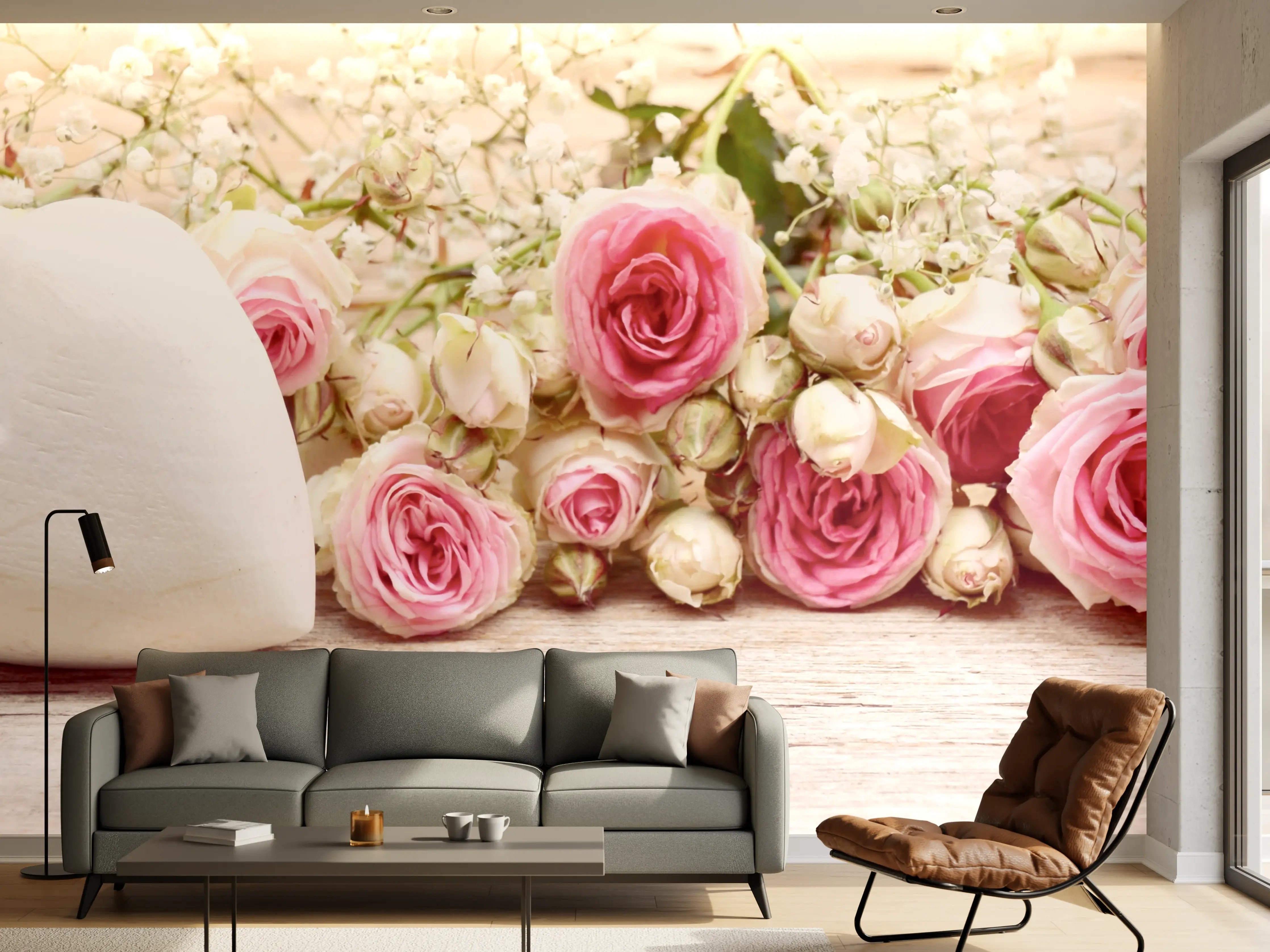 Wandverkleidung Wohnzimmer - Romantische Blumen mit Herz
