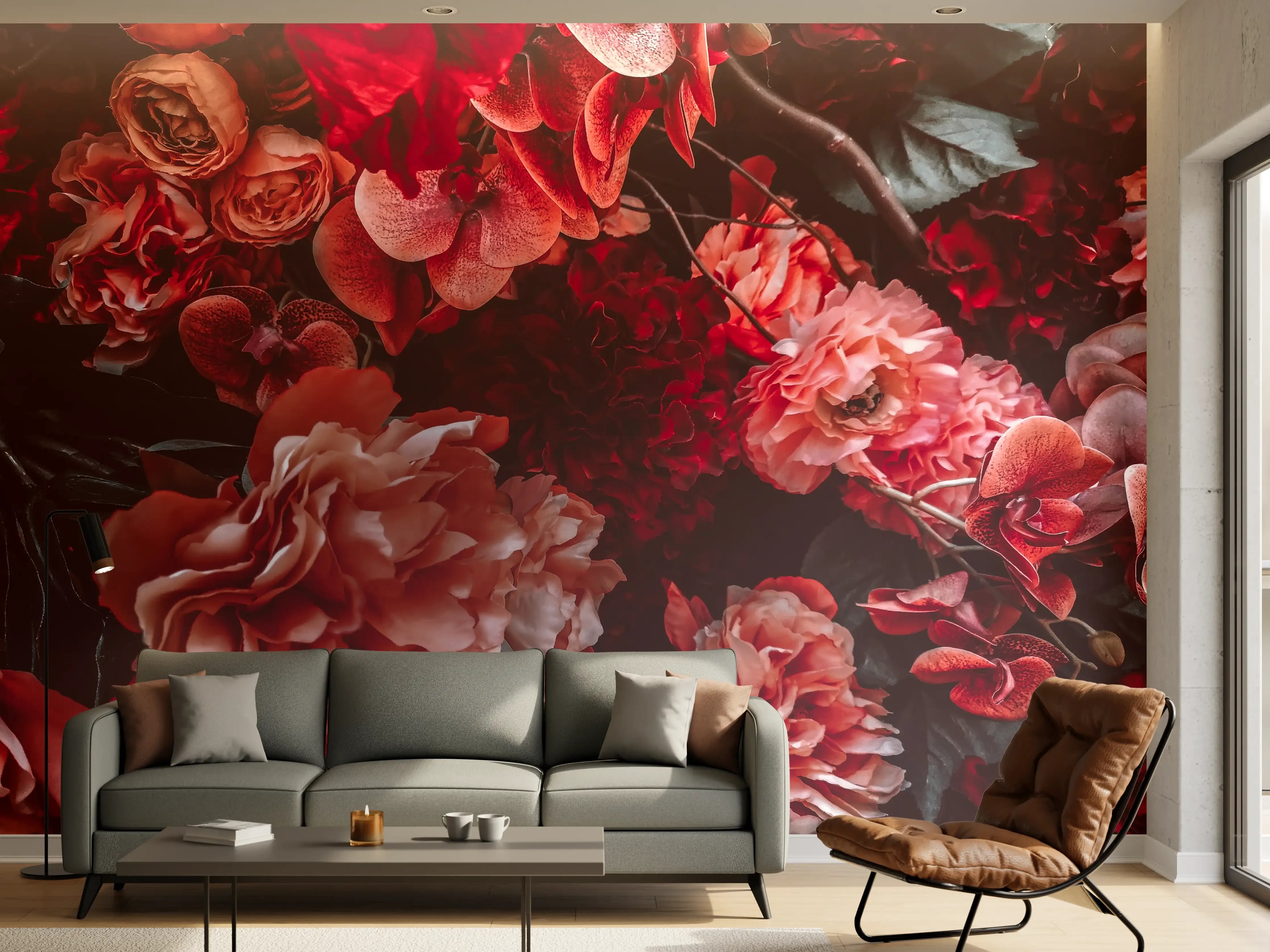 Wandverkleidung Wohnzimmer - Romantische Blumenpracht in Rot