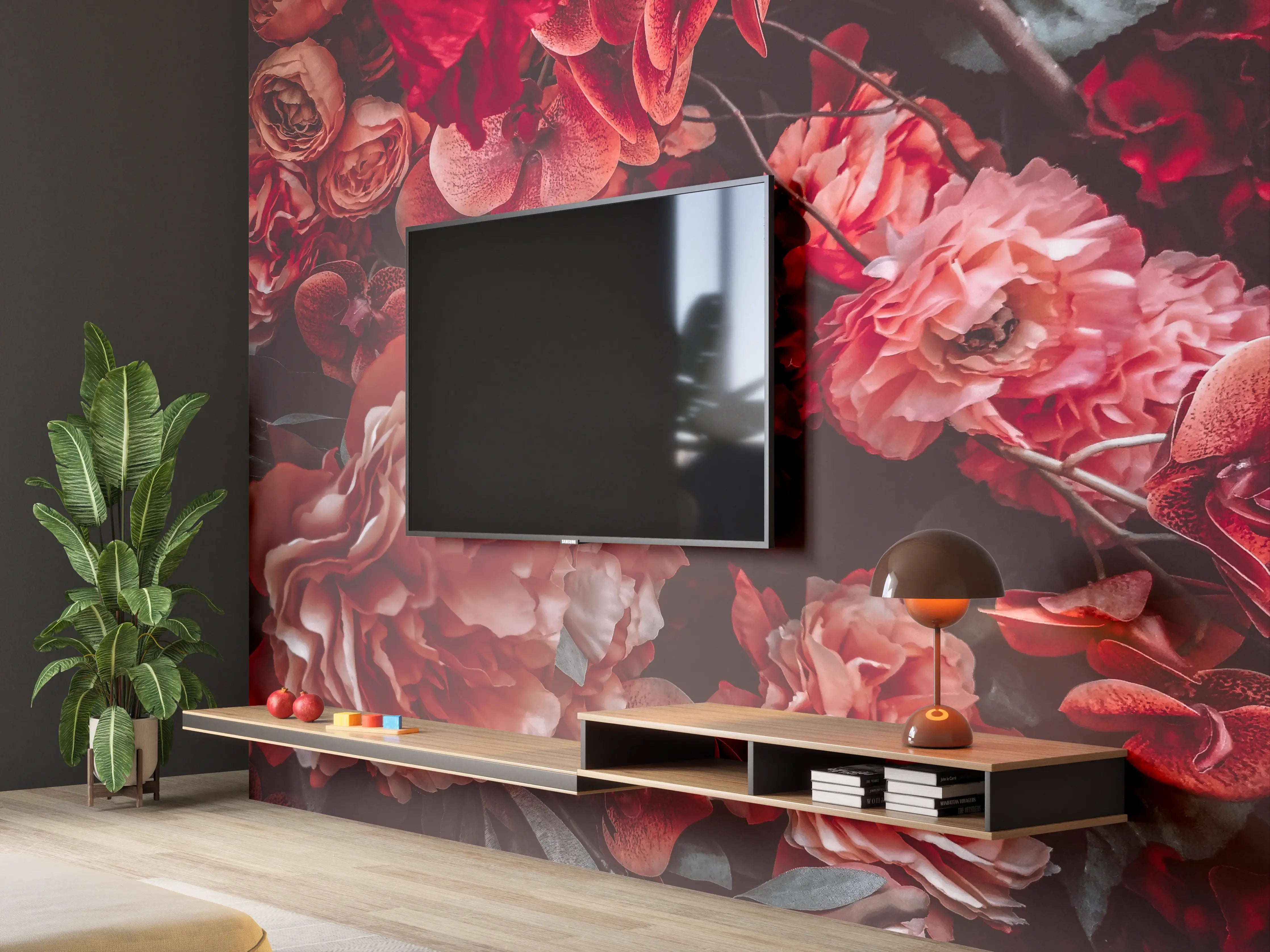 Wandverkleidung Wohnzimmer - Romantische Blumenpracht in Rot