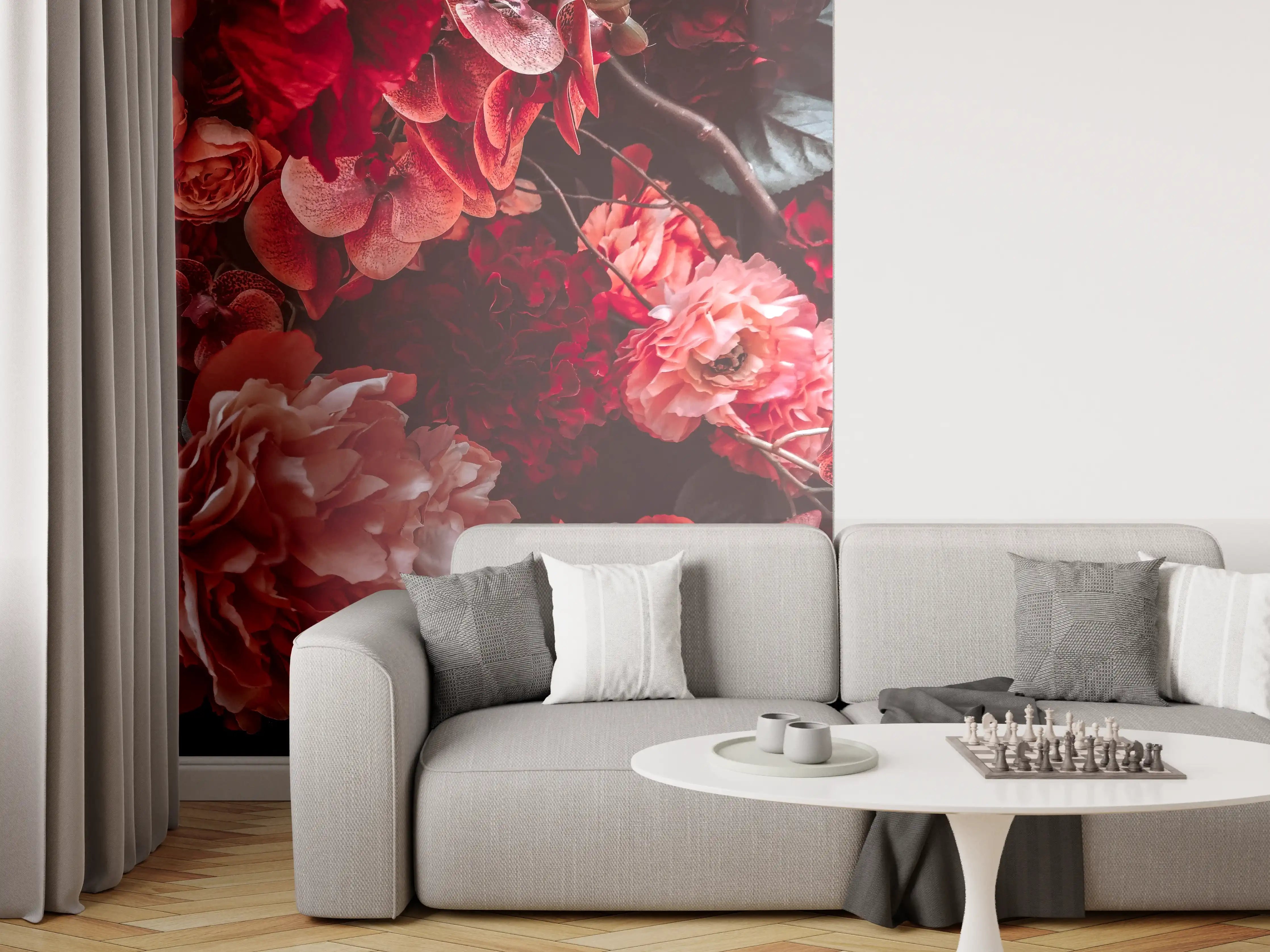 Wandverkleidung Wohnzimmer - Romantische Blumenpracht in Rot