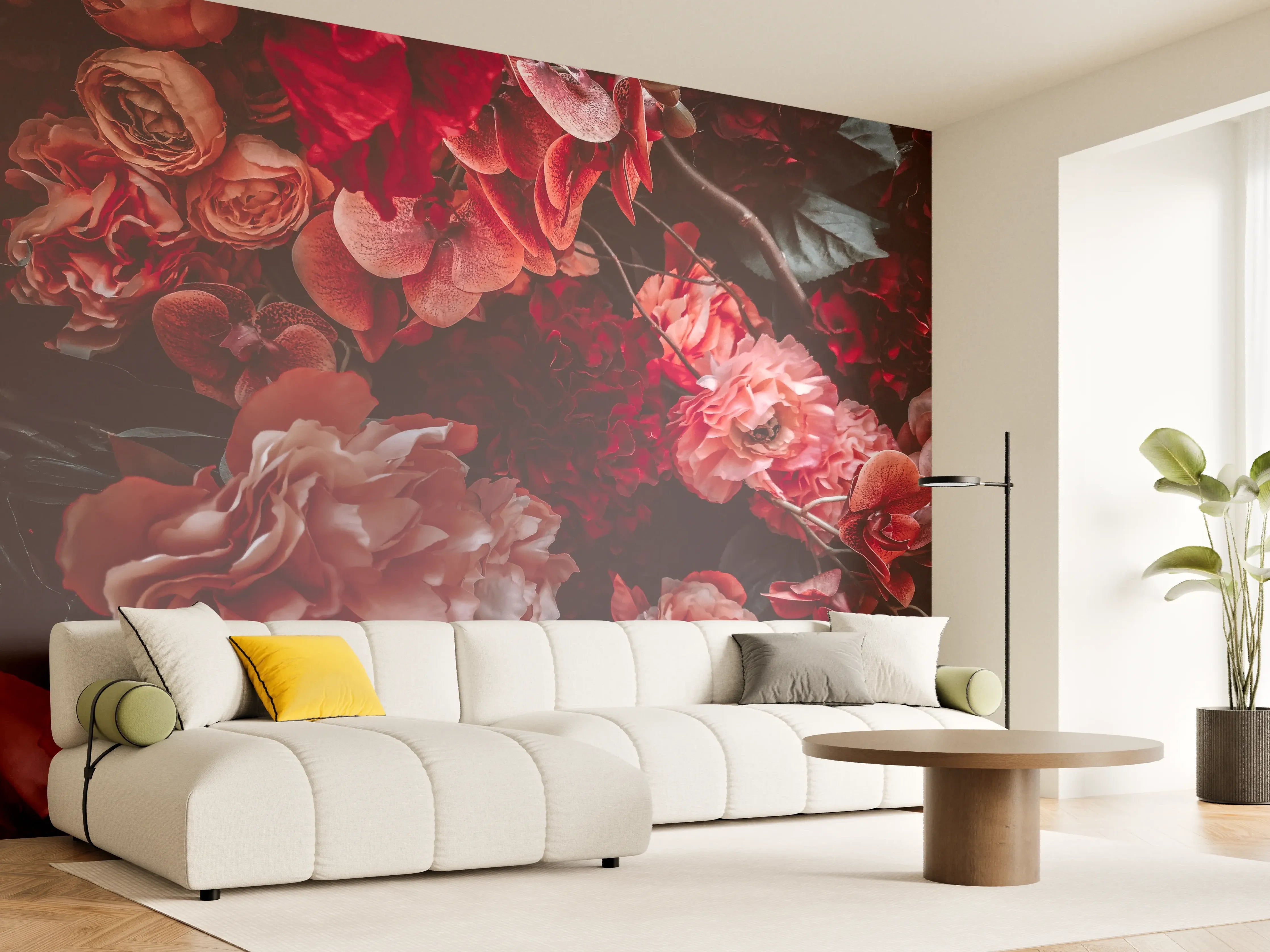 Wandverkleidung Wohnzimmer - Romantische Blumenpracht in Rot